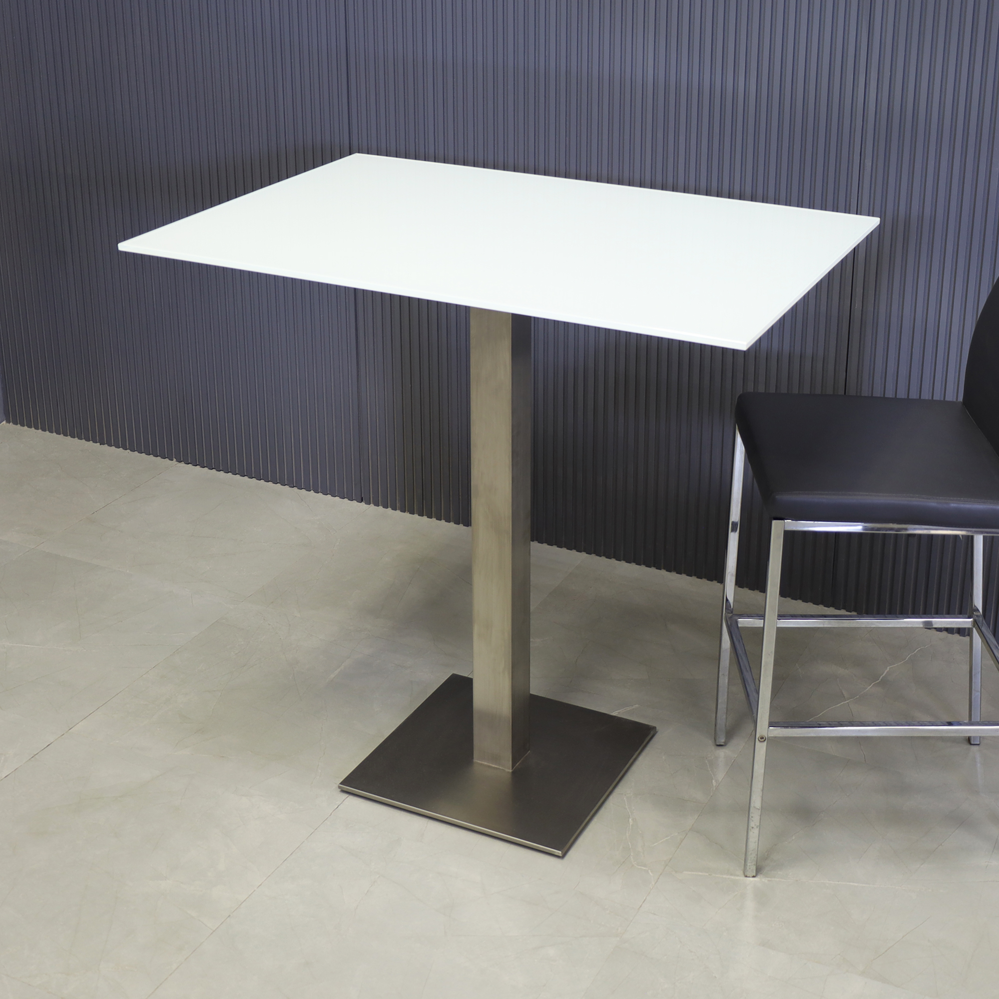 42 x 28-inches California Rectangular Bar Table with 1/2" white tempered glass top and silver base shown here.