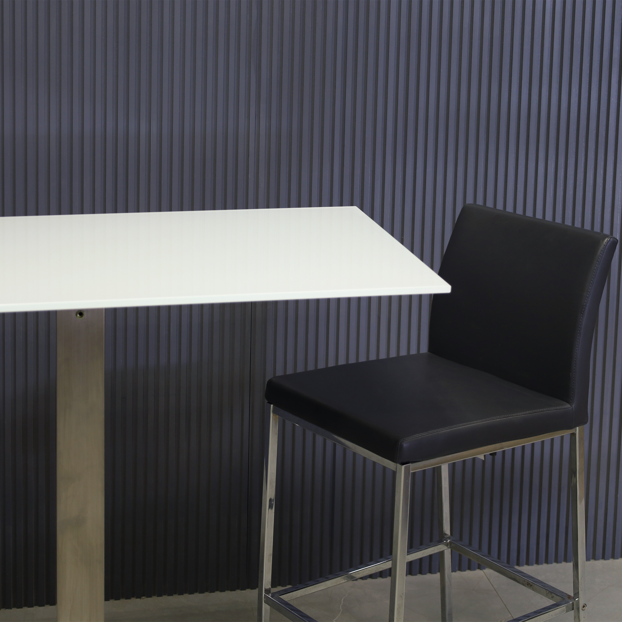 42 x 28-inches California Rectangular Bar Table with 1/2" white tempered glass top and silver base shown here.