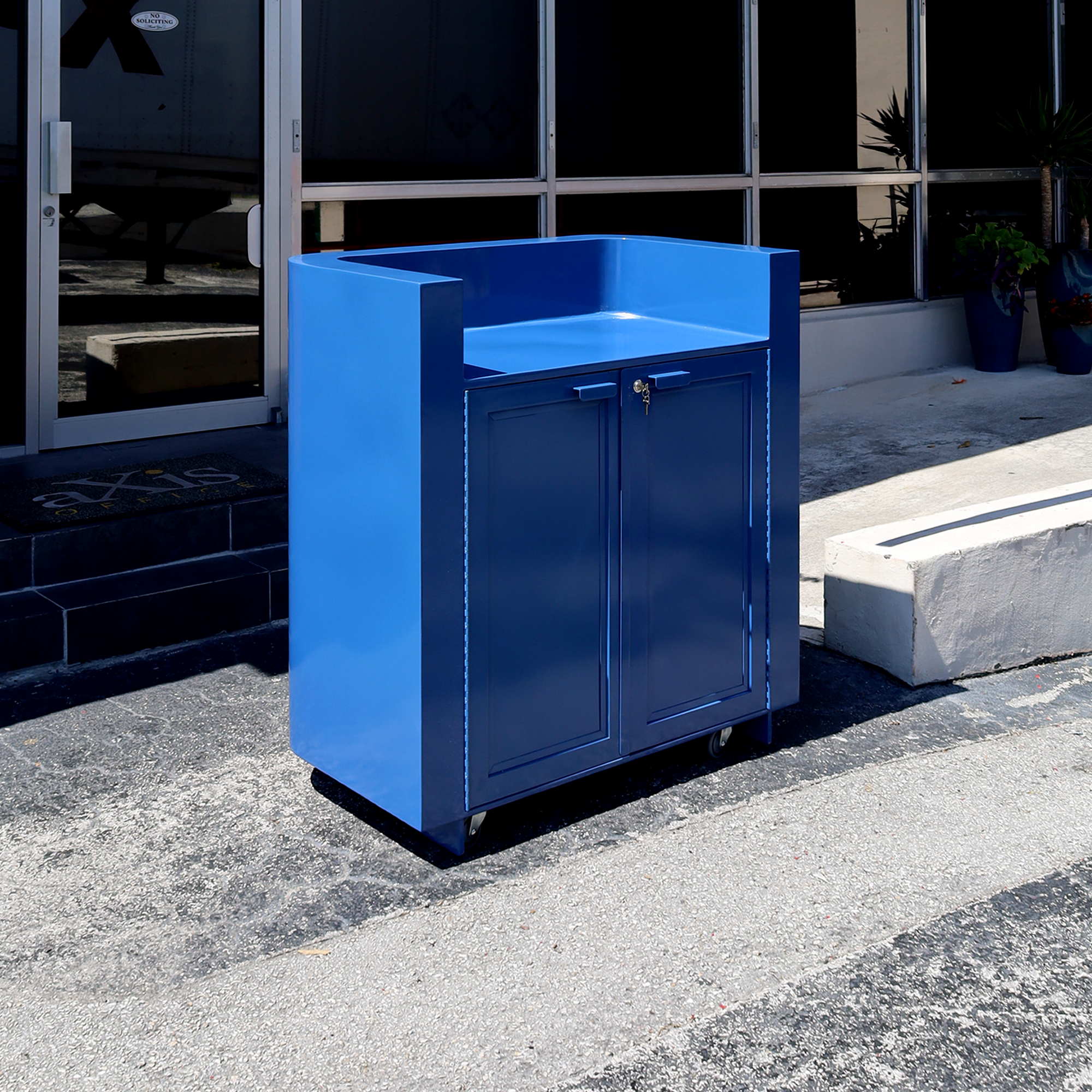 42-inch Valet & Host Desk in Blue Metal Powder-Coated Finish.