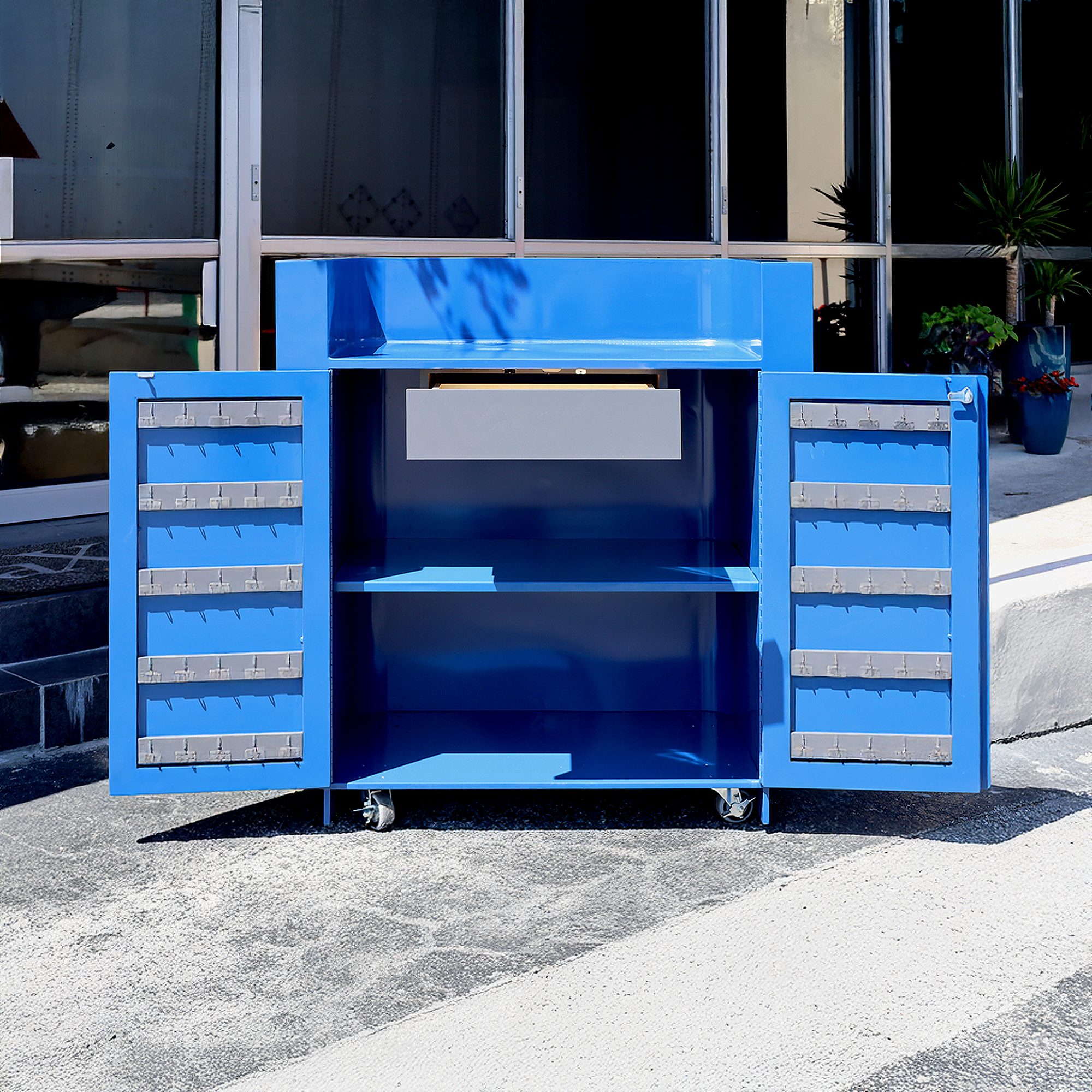 42-inch Valet & Host Desk in Blue Metal Powder-Coated Finish.