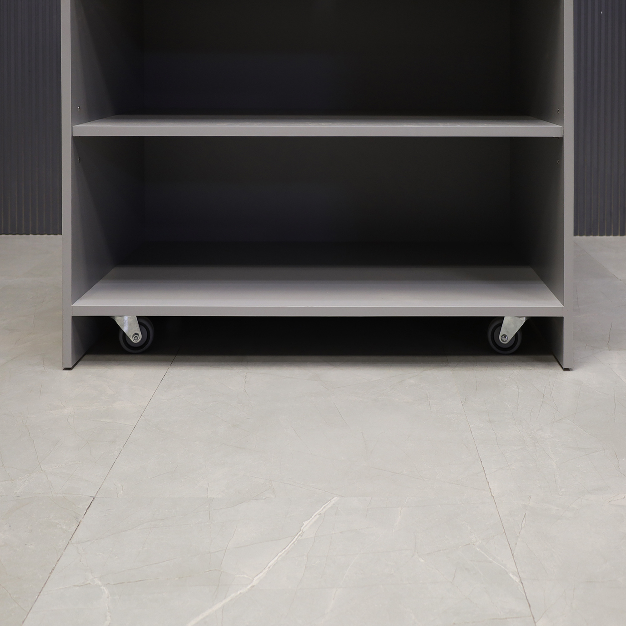 42-inch New Jersey Podium & Host Reception Desk in fog gray matte laminate main desk and white acrylic front panels.