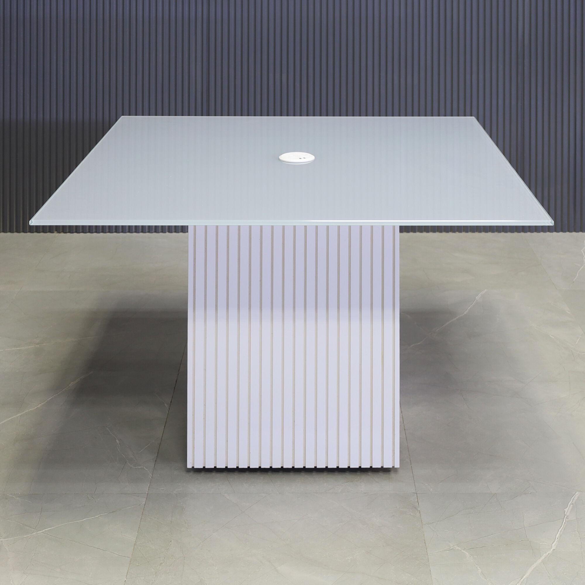 42-inch Omaha Square Shape Conference Table in 1/2-inch light gray tempered glass top with our white MX1 powerbox, and dover off-white gloss tambour base.