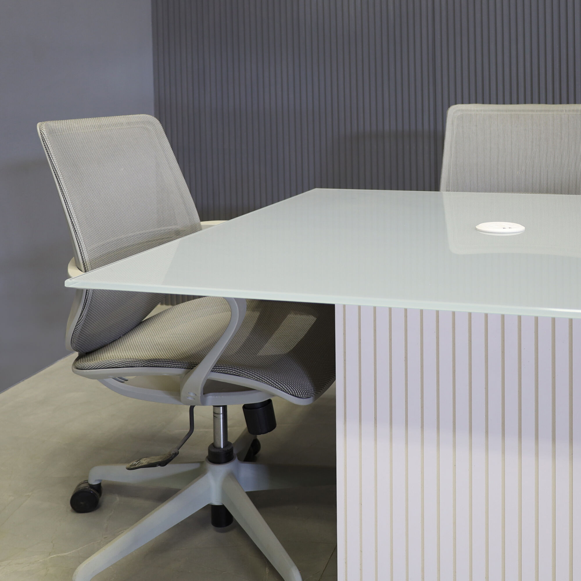 42-inch Omaha Square Shape Conference Table in 1/2-inch light gray tempered glass top with our white MX1 powerbox, and dover off-white gloss tambour base.