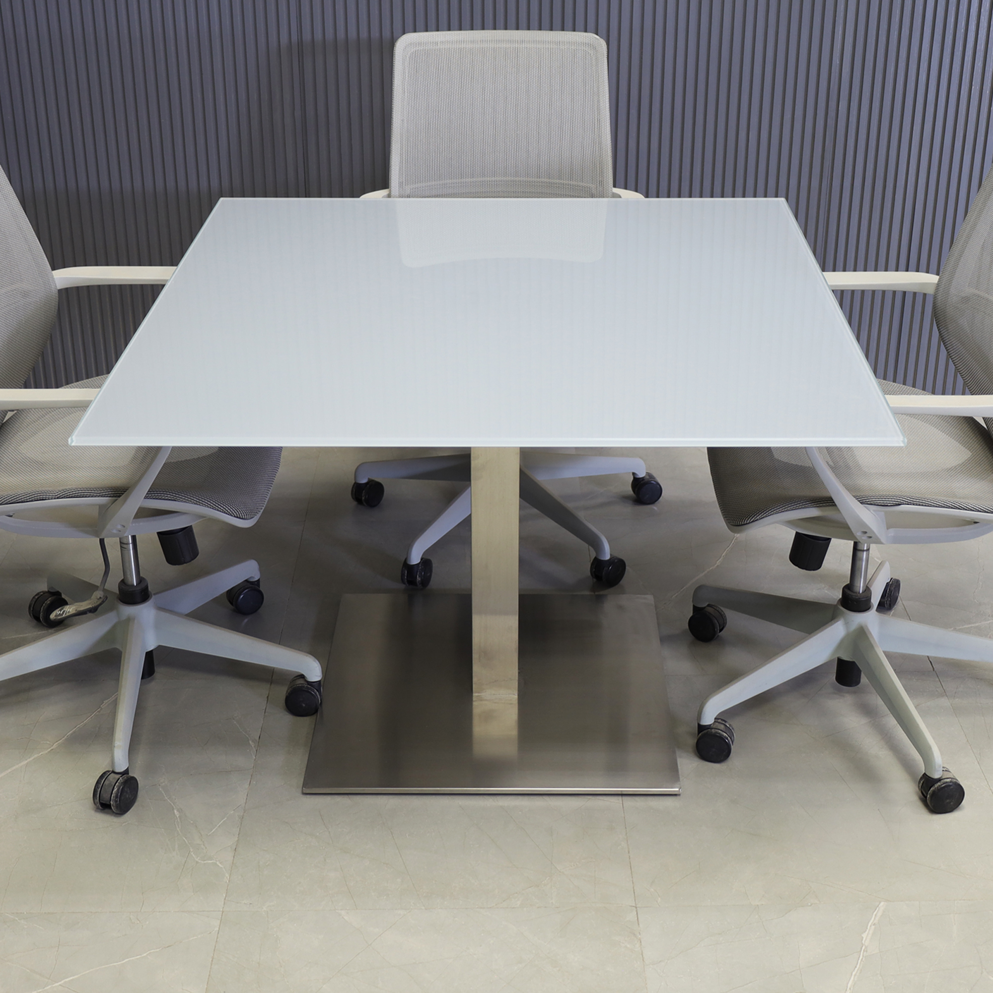 42-inch California Square Cafeteria Table in 1/2" light gray tempered glass top and silver base shown here.