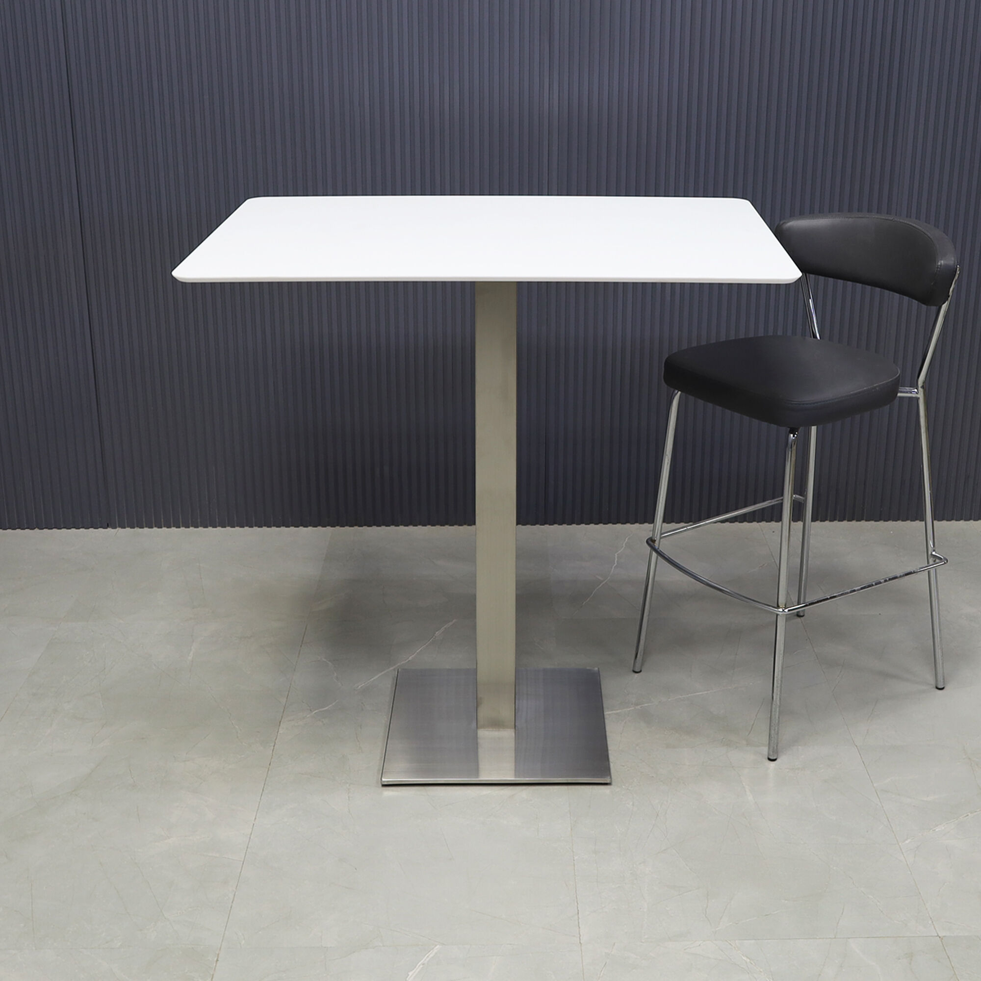 42-inch California Rectangular Engineered Surface Bar Table in 1/2" white solid engineered surface top and brushed stainless steel base, shown here.