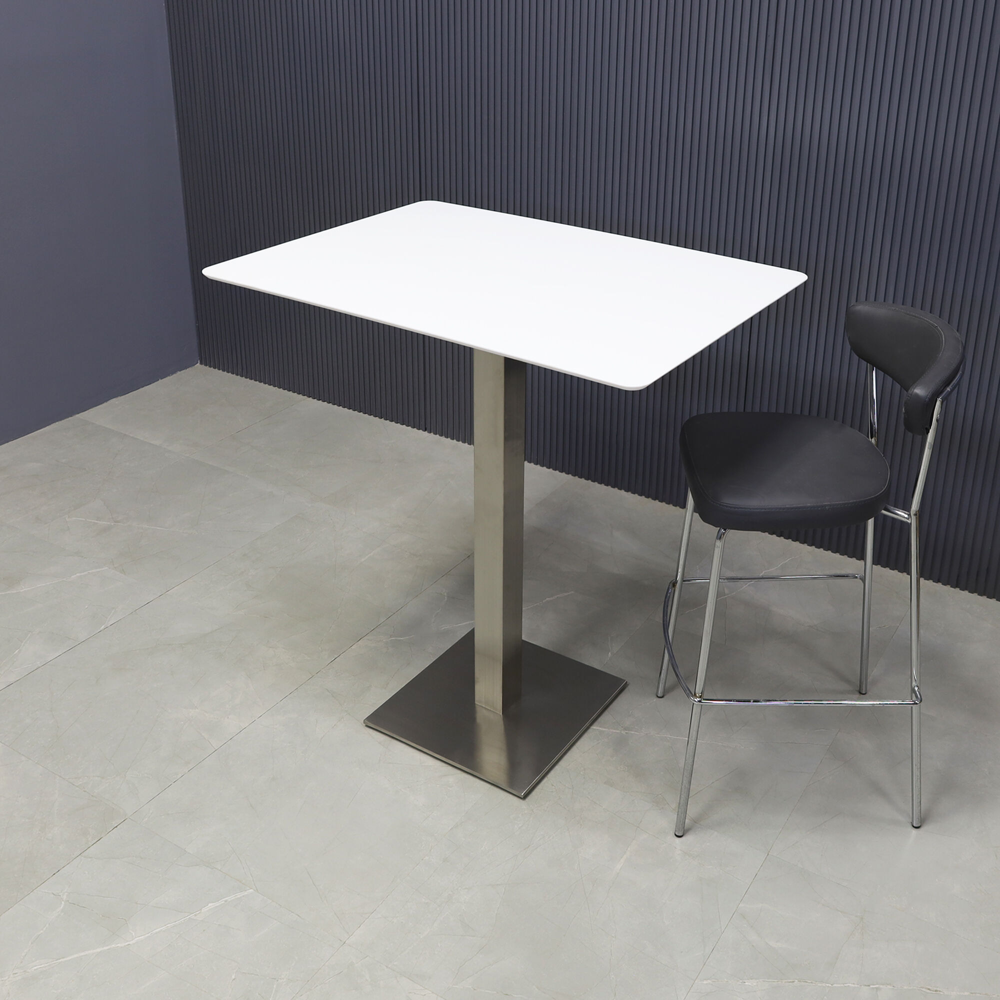 42-inch California Rectangular Engineered Surface Bar Table in 1/2" white solid engineered surface top and brushed stainless steel base, shown here.