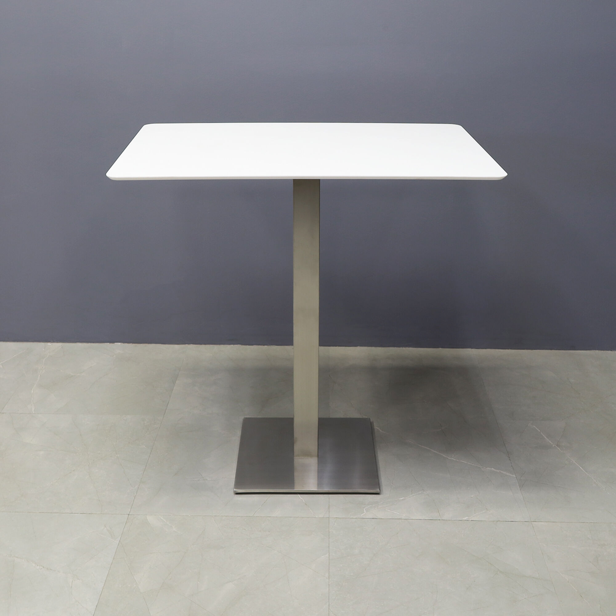 42-inch California Rectangular Engineered Surface Bar Table in 1/2" white solid engineered surface top and brushed stainless steel base, shown here.