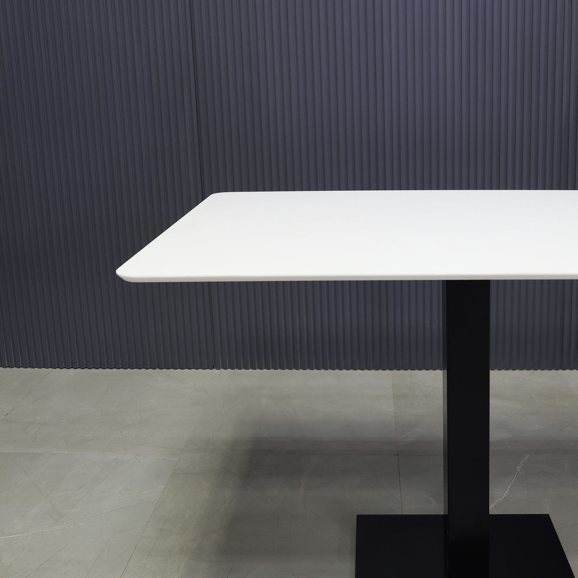 42-inch California Rectangular Cafeteria Table in white solid engineered surface top, and metal powder coated black base.