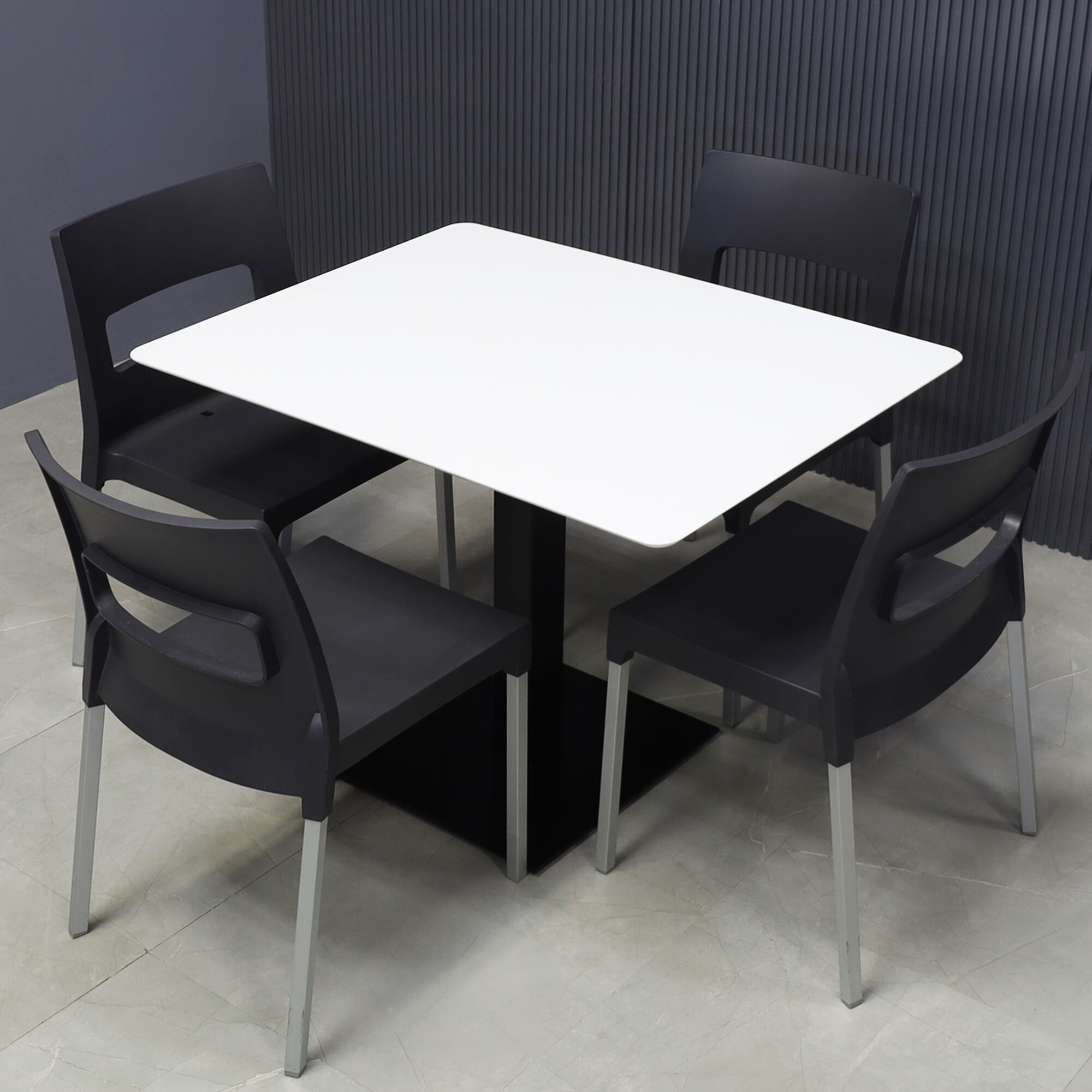 42-inch California Rectangular Cafeteria Table in white solid engineered surface top, and metal powder coated black base.