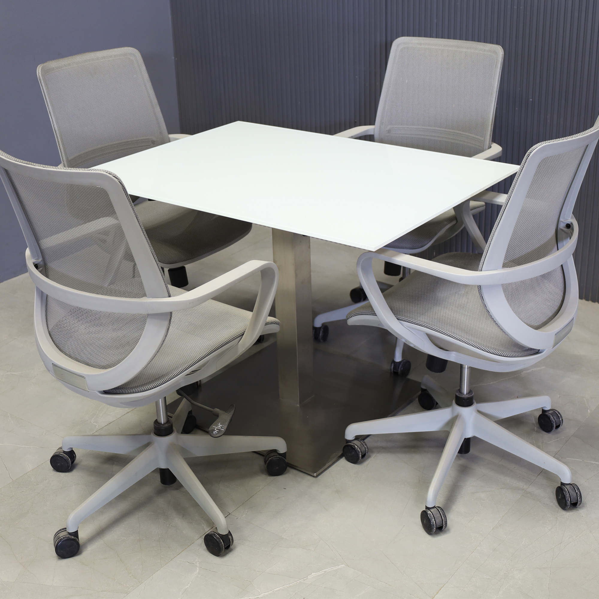 42 x 30-inches California Rectangular Cafeteria Table in 1/2" white tempered glass top and silver base shown here.