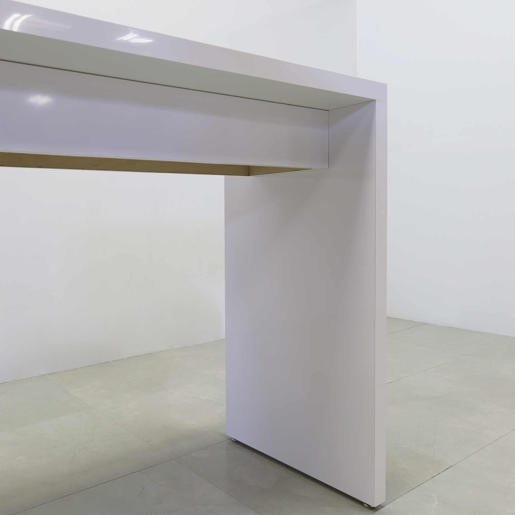 Ahville Laminate Bar Table in white gloss laminate finish shown here.