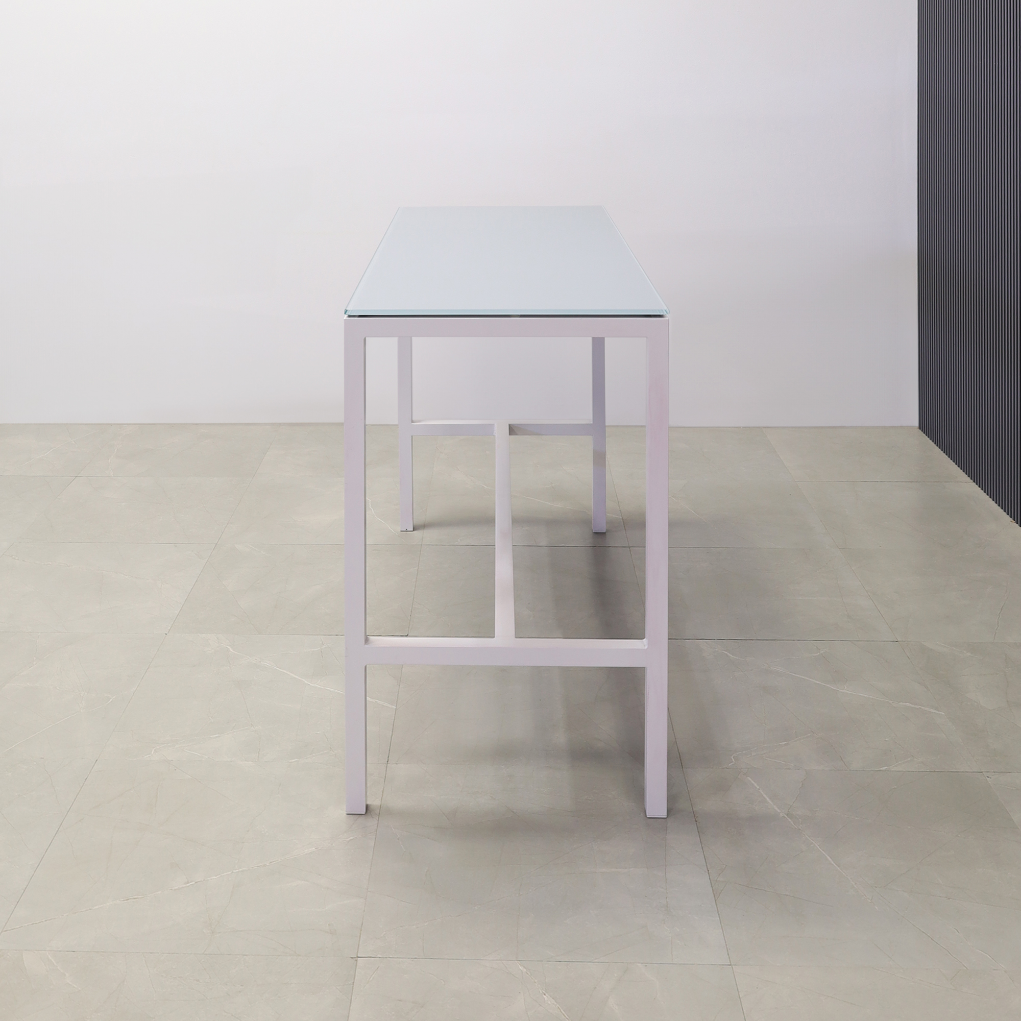 Aspen Tempered Glass Bar Table in baby blue top and white aluminum frame shown here.