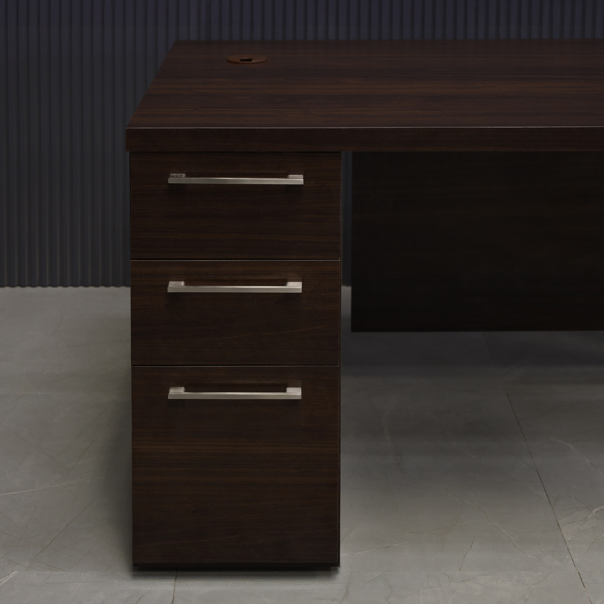 48-inch Dallas Straight Executive Desk with colombian walnut laminate top base & privacy panel.