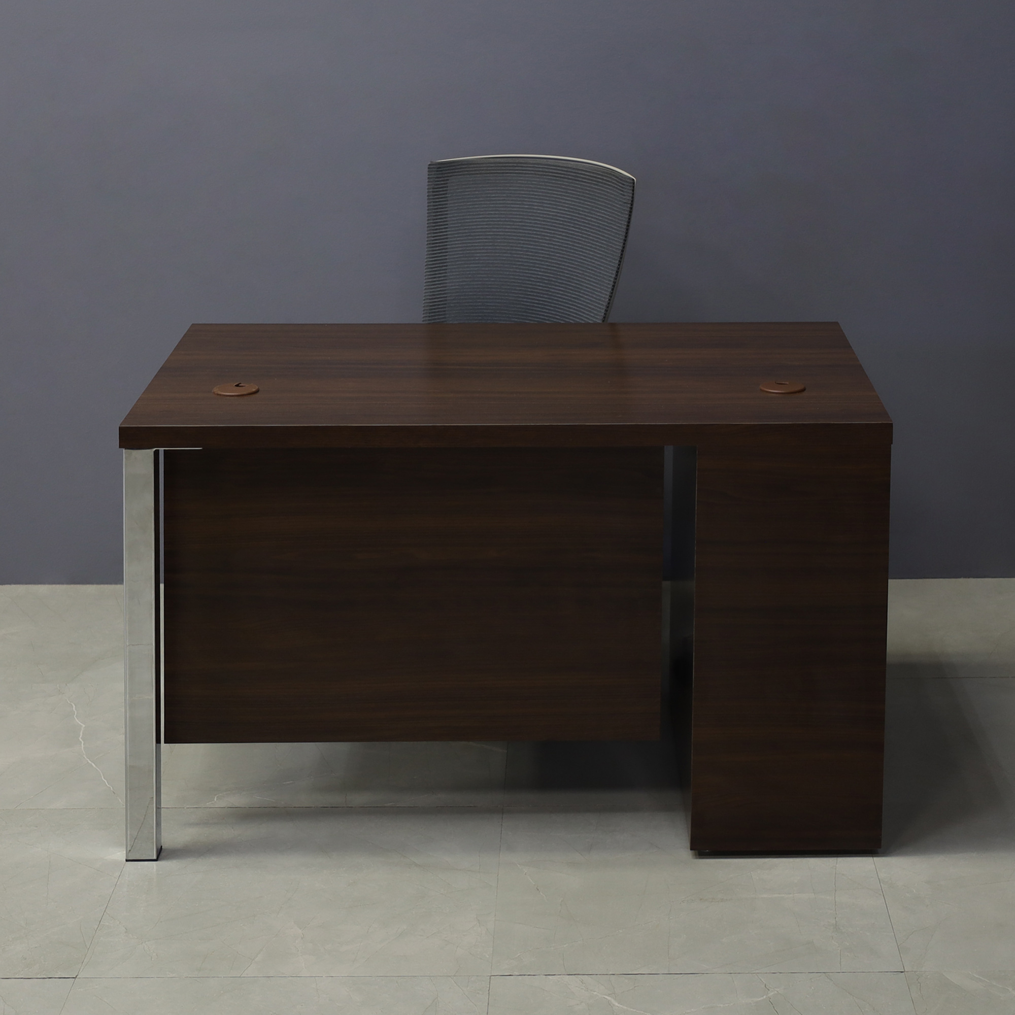 48-inch Dallas Straight Executive Desk with colombian walnut laminate top base & privacy panel.