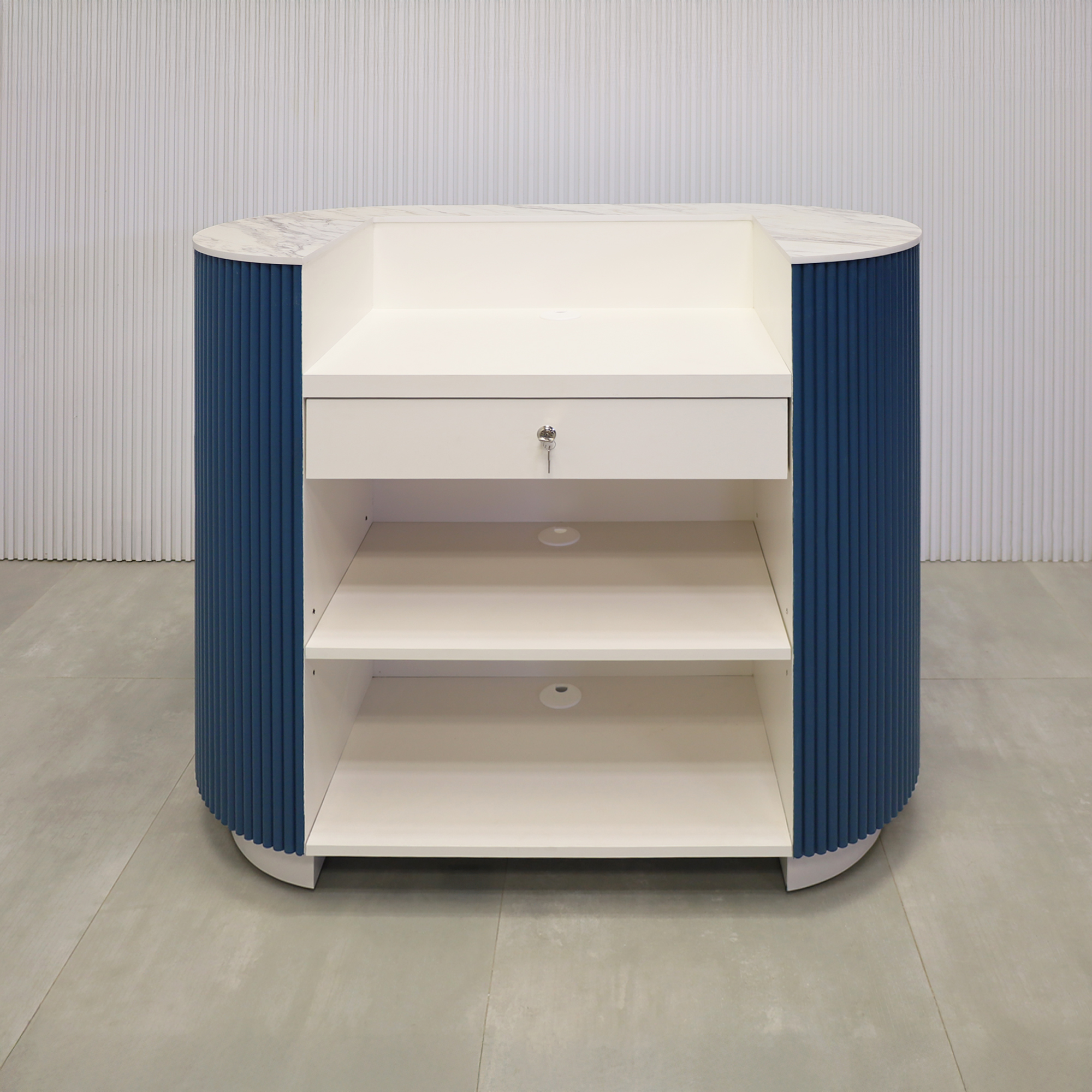 48-inch The Pill Podium Desk with Dover Off-White matte laminate workspace, hand-painted Sapphire CSP-690 Benjamin Moore solid wood tambour accent, and Dover Off-White matte laminate toe-kick.