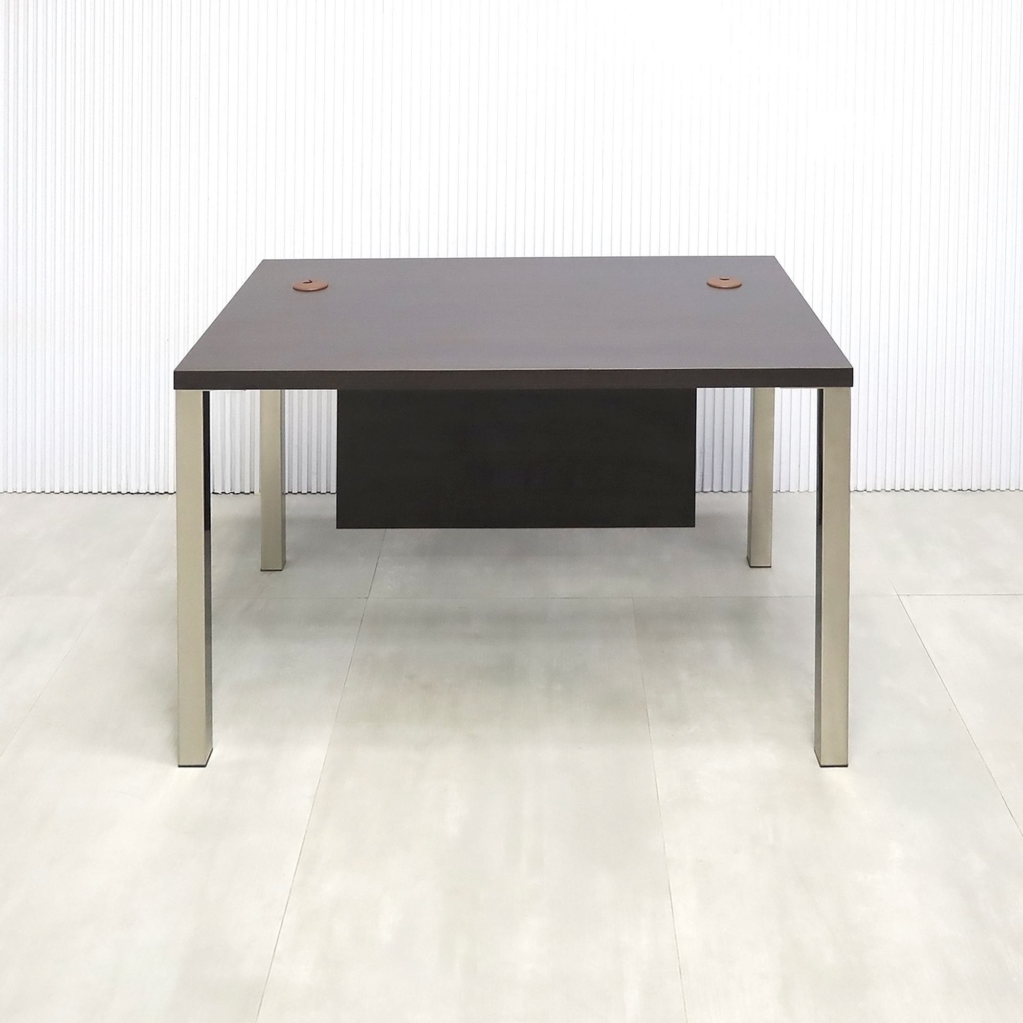 48-inch Dallas Straight Executive Desk with Ebony Recon matte laminate, Ebony Recon matte laminate privacy panel, and Brushed Aluminum legs.
