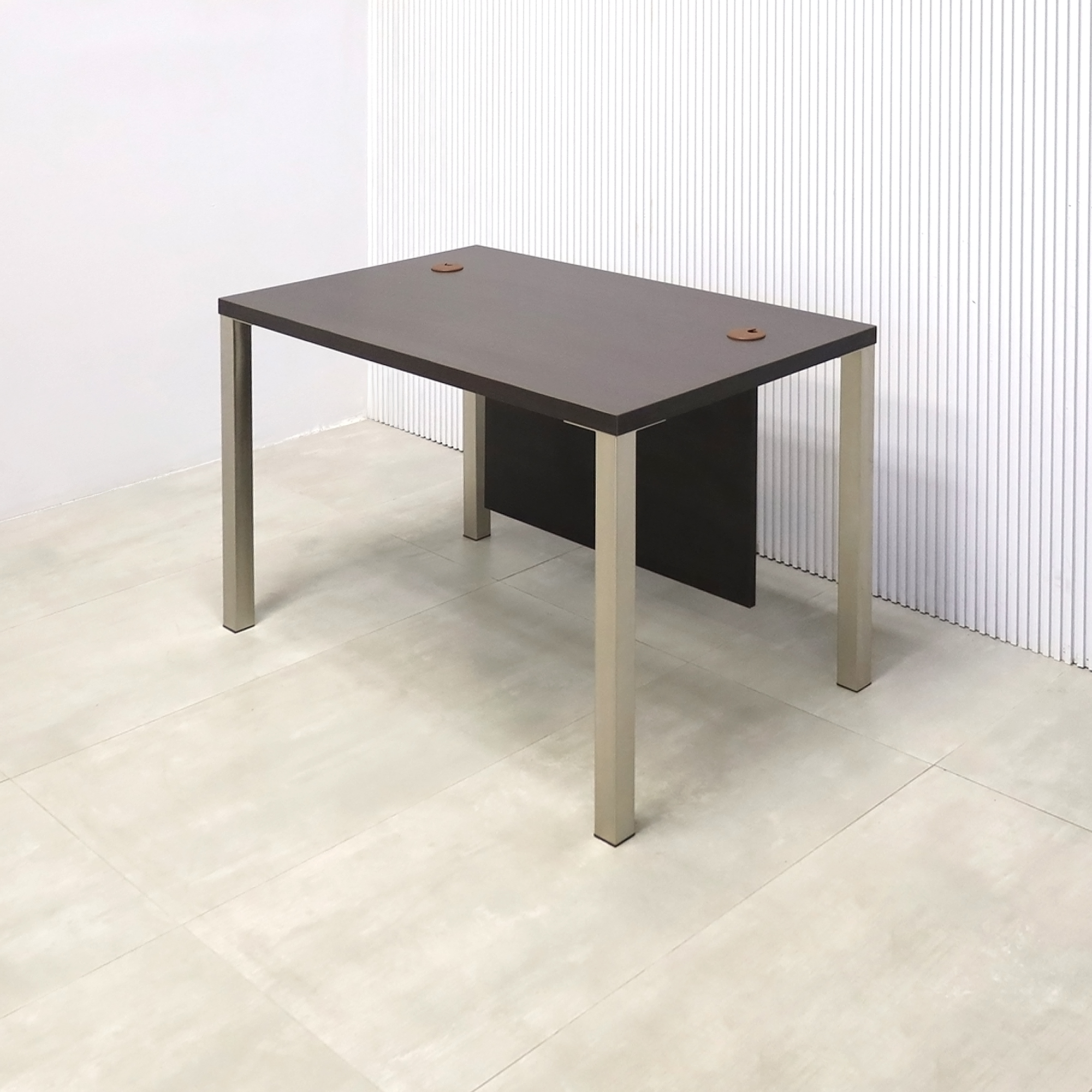 48-inch Dallas Straight Executive Desk with Ebony Recon matte laminate, Ebony Recon matte laminate privacy panel, and Brushed Aluminum legs.
