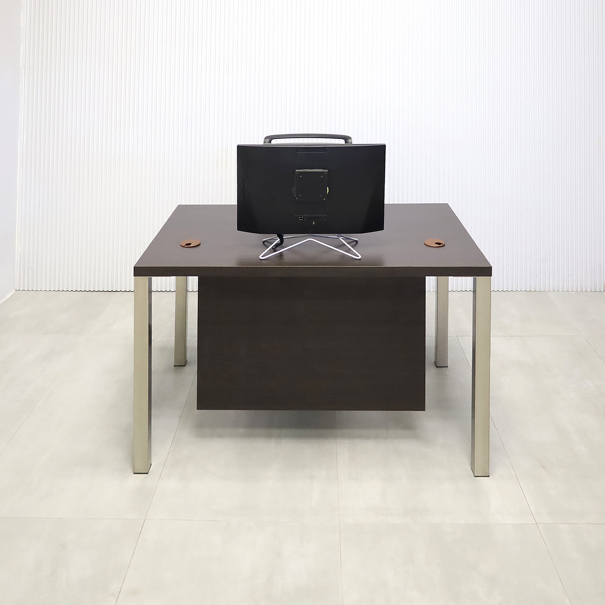 48-inch Dallas Straight Executive Desk with Ebony Recon matte laminate, Ebony Recon matte laminate privacy panel, and Brushed Aluminum legs.