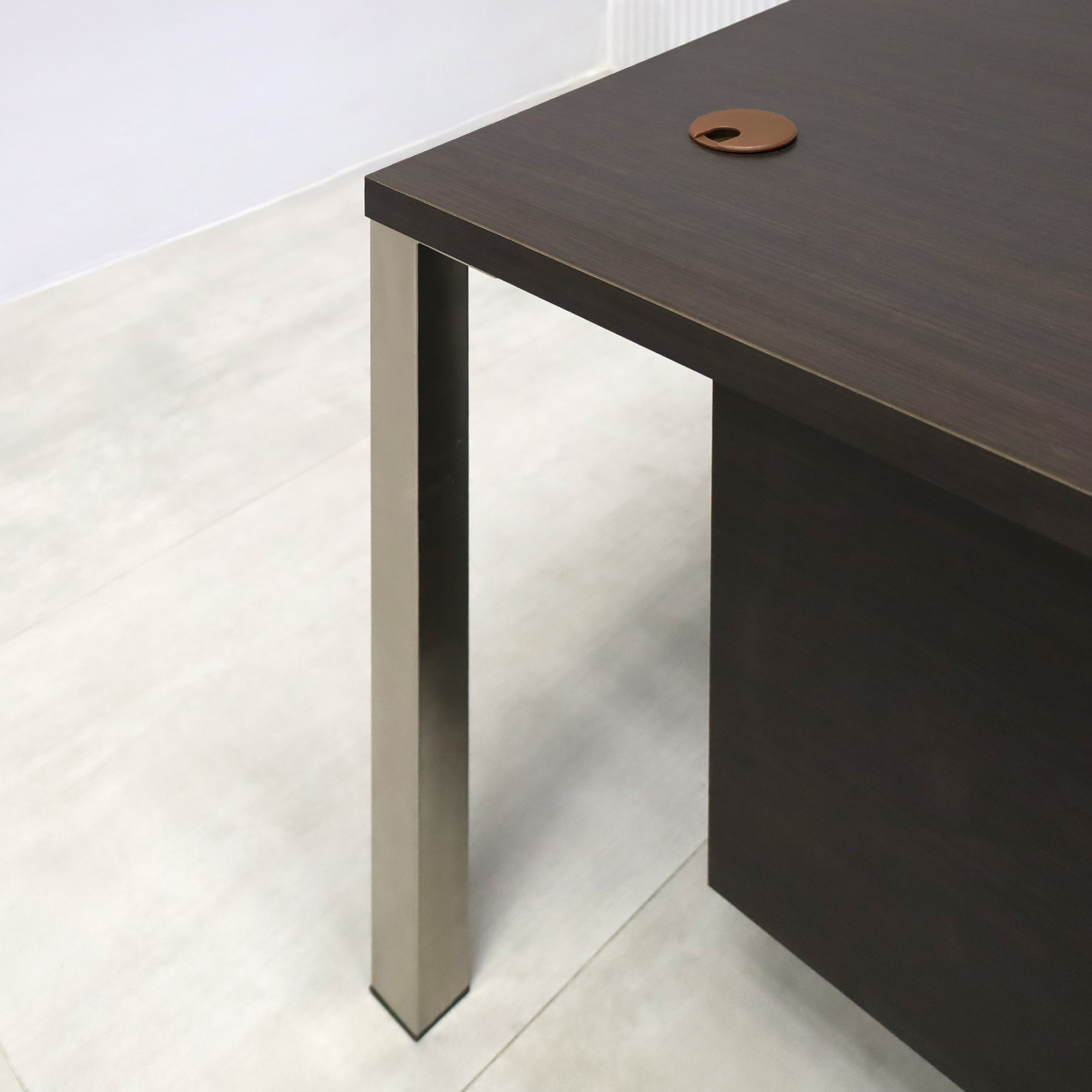 48-inch Dallas Straight Executive Desk with Ebony Recon matte laminate, Ebony Recon matte laminate privacy panel, and Brushed Aluminum legs.