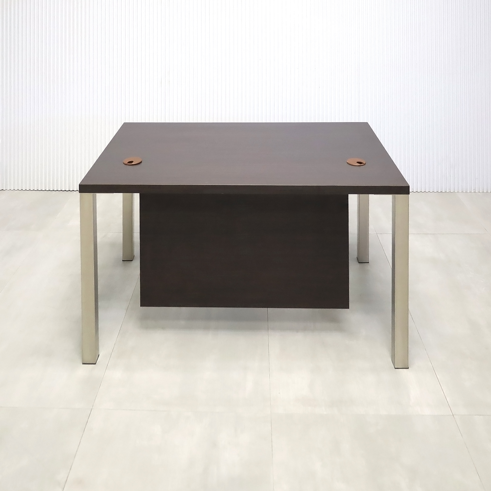 48-inch Dallas Straight Executive Desk with Ebony Recon matte laminate, Ebony Recon matte laminate privacy panel, and Brushed Aluminum legs.