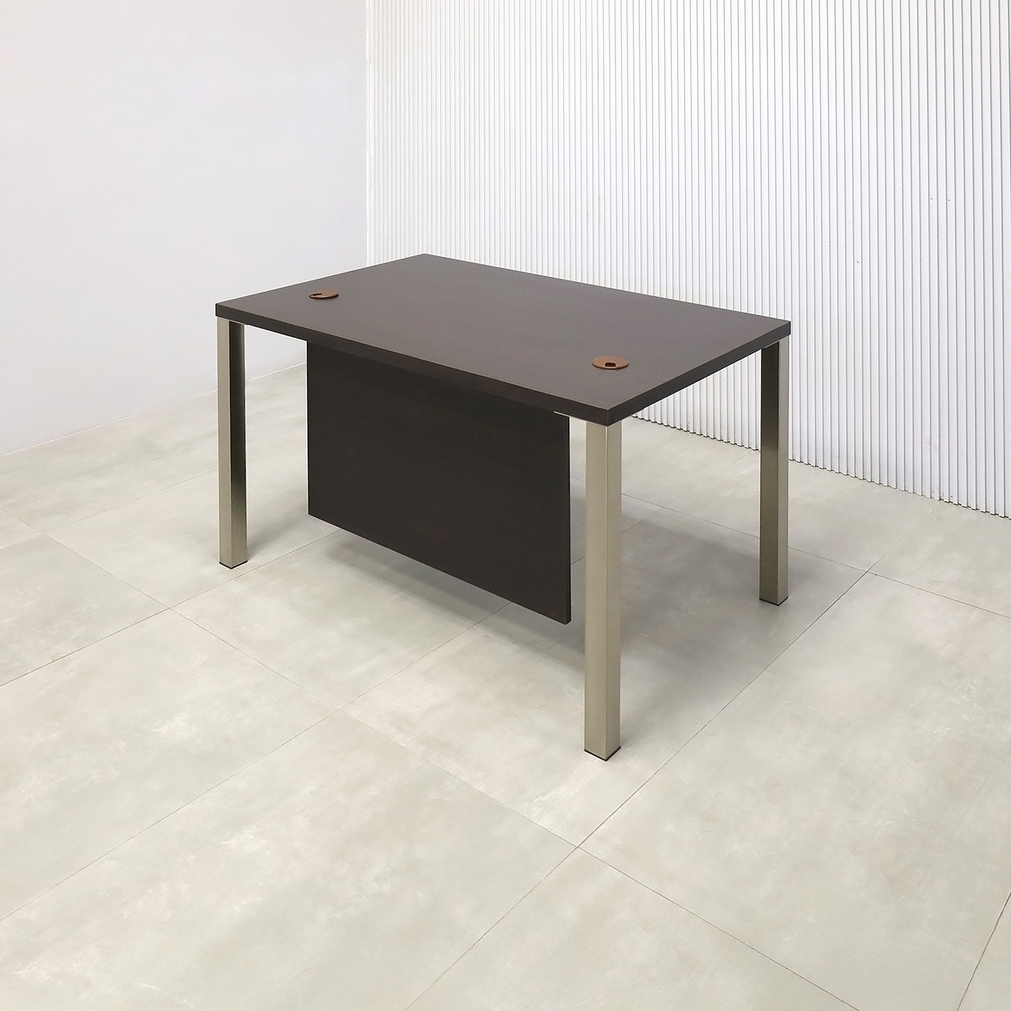 48-inch Dallas Straight Executive Desk with Ebony Recon matte laminate, Ebony Recon matte laminate privacy panel, and Brushed Aluminum legs.