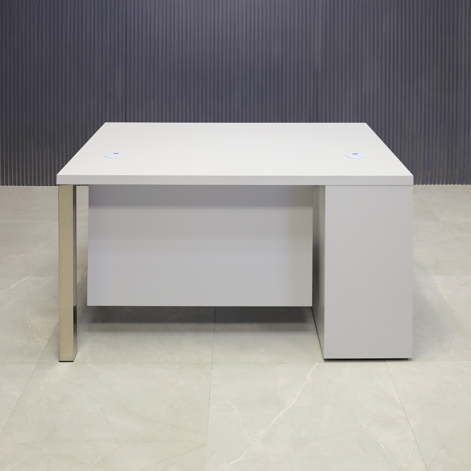 48-inch Dallas Straight Executive Desk with folkstone gray matte laminate top storage & privacy panel, and brushed aluminum legs.