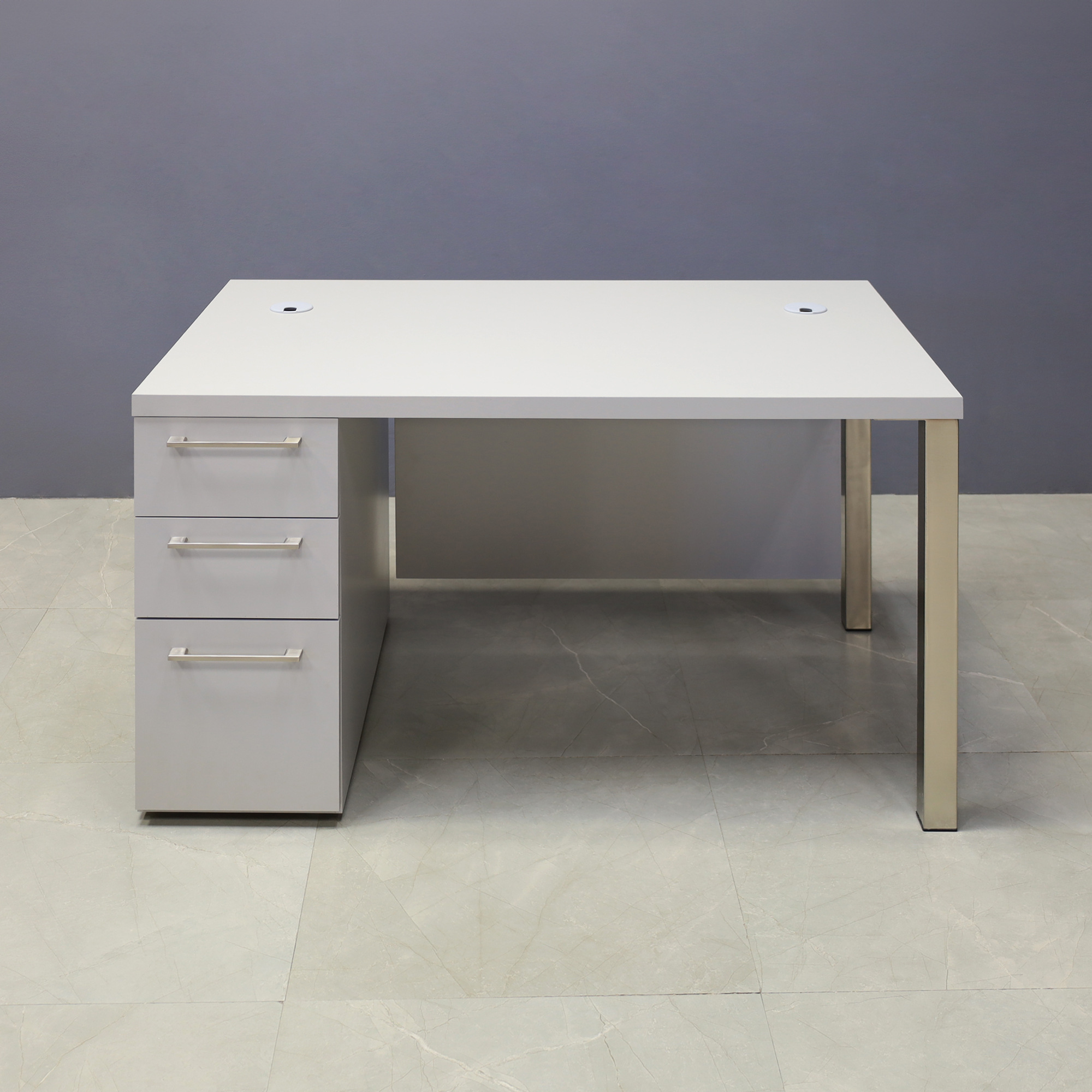 48-inch Dallas Straight Executive Desk with folkstone gray matte laminate top storage & privacy panel, and brushed aluminum legs.