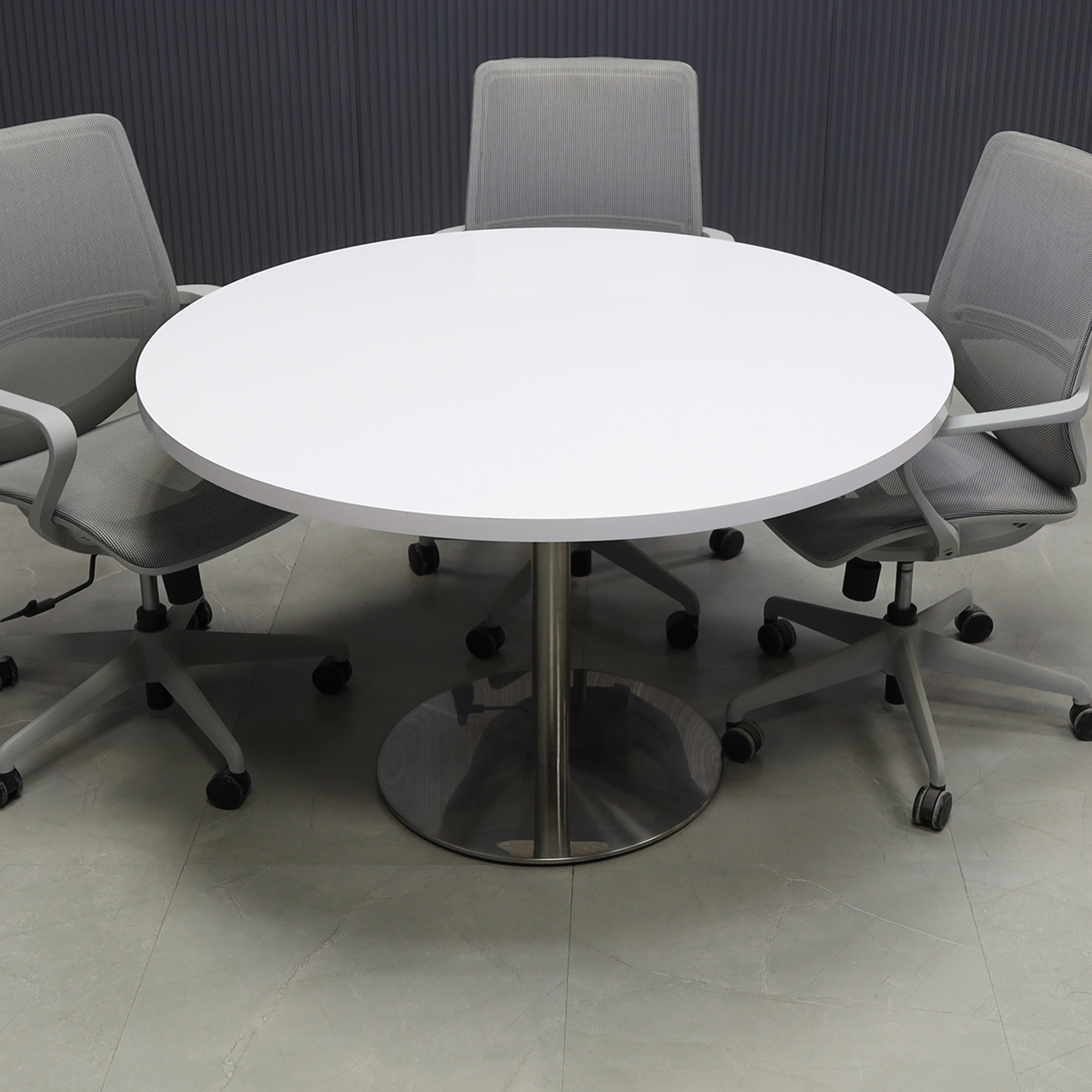 48-inch California Round Conference Table with white gloss laminate top and brushed stainless steel base.
