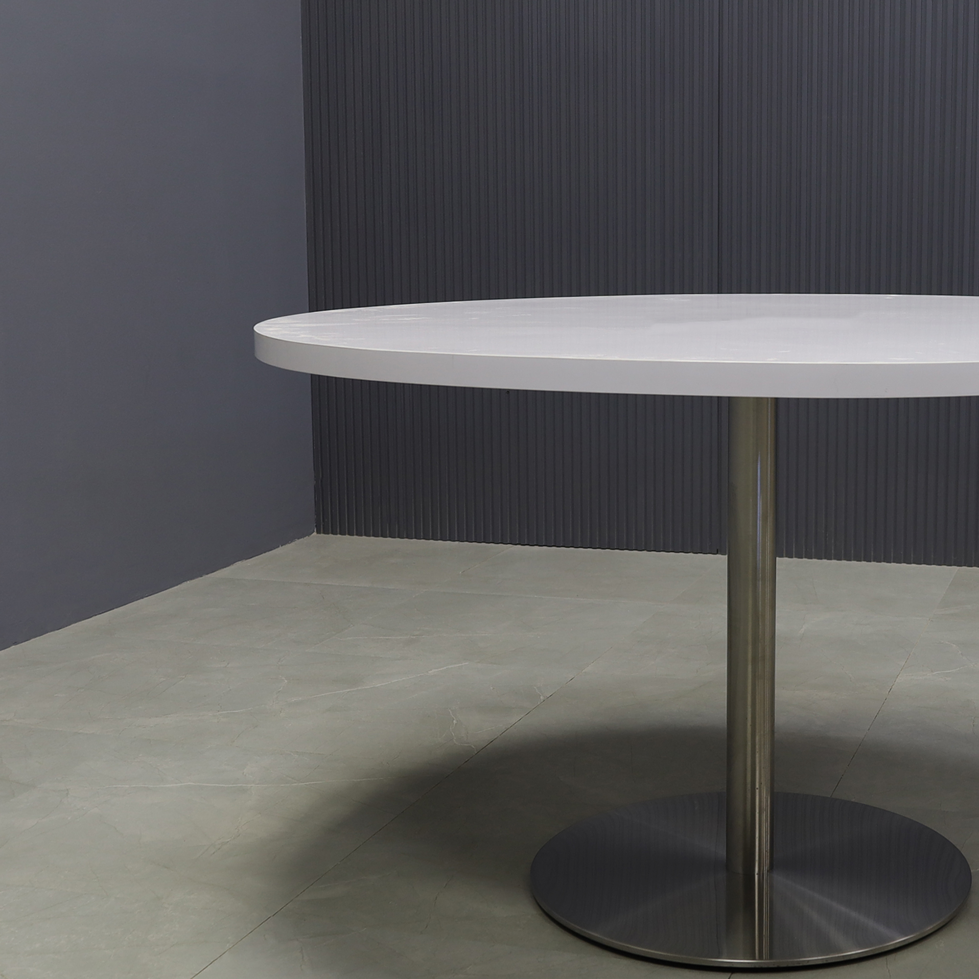 48-inch California Round Conference Table with white gloss laminate top and brushed stainless steel base.