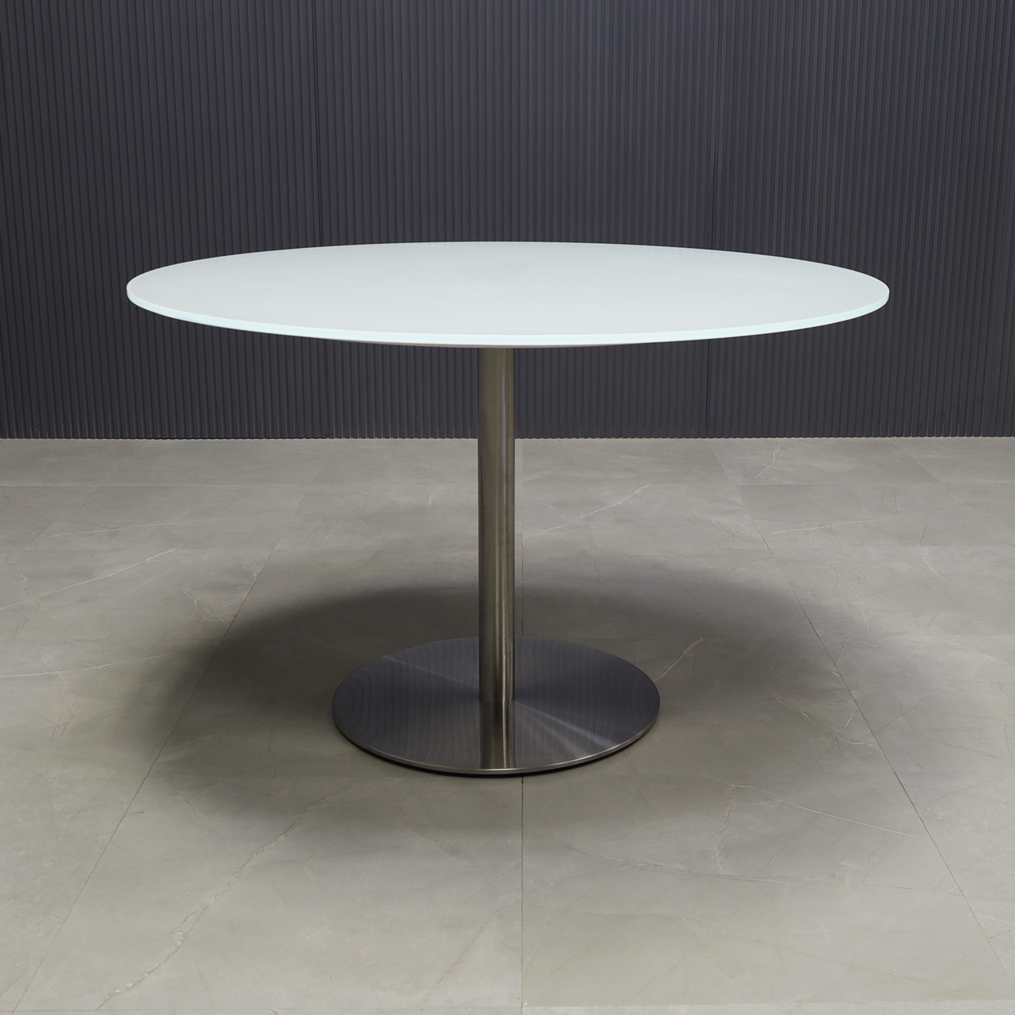 48-inch Omaha Round Conference Table with 1/2" white tempered glass top and brushed stainless steel base.