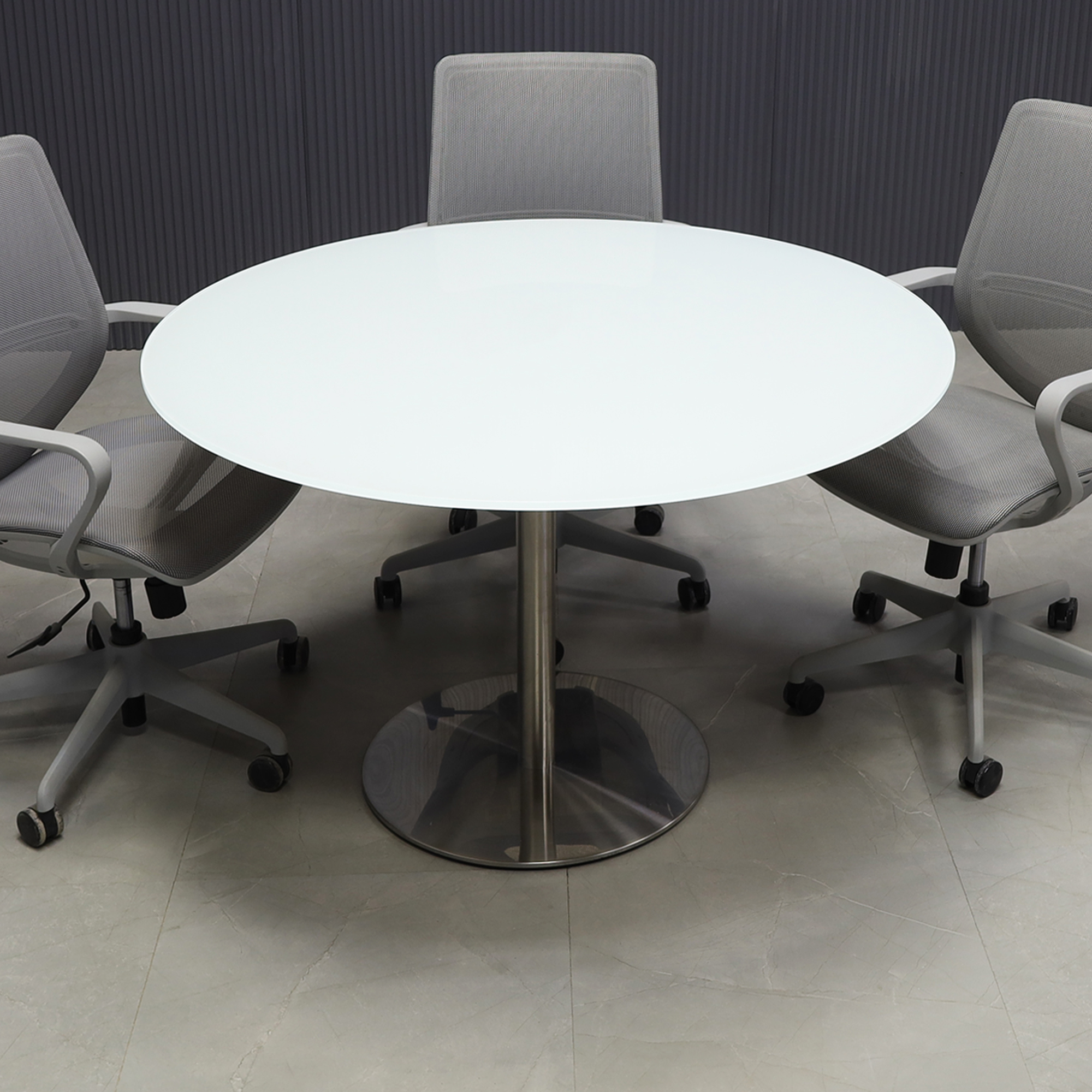 48-inch Omaha Round Conference Table with 1/2" white tempered glass top and brushed stainless steel base.