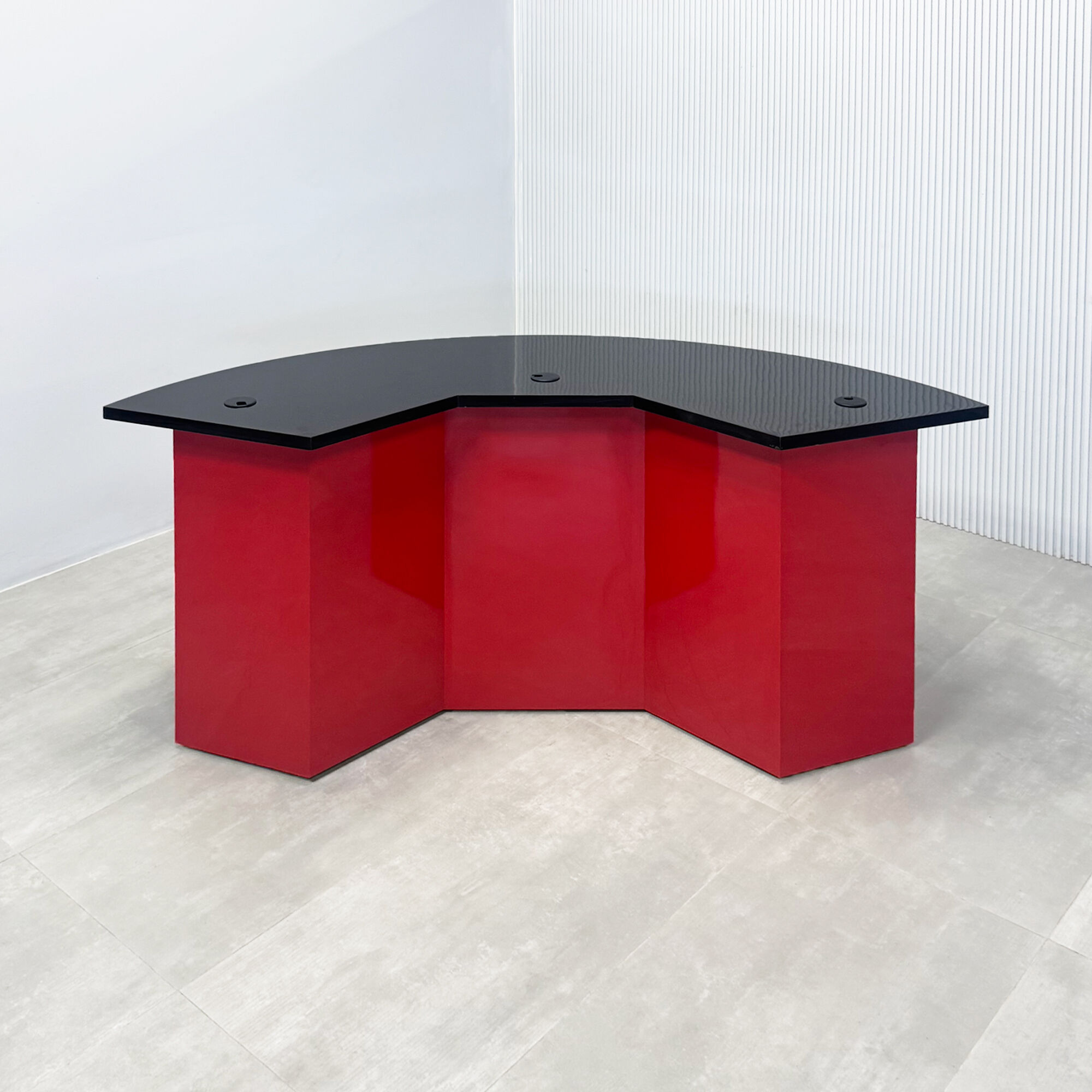 72-inch Tampa Bay Handmade Podcast Table with black gloss laminate top, classic red gloss laminate front base, and classic red gloss laminate back base. 