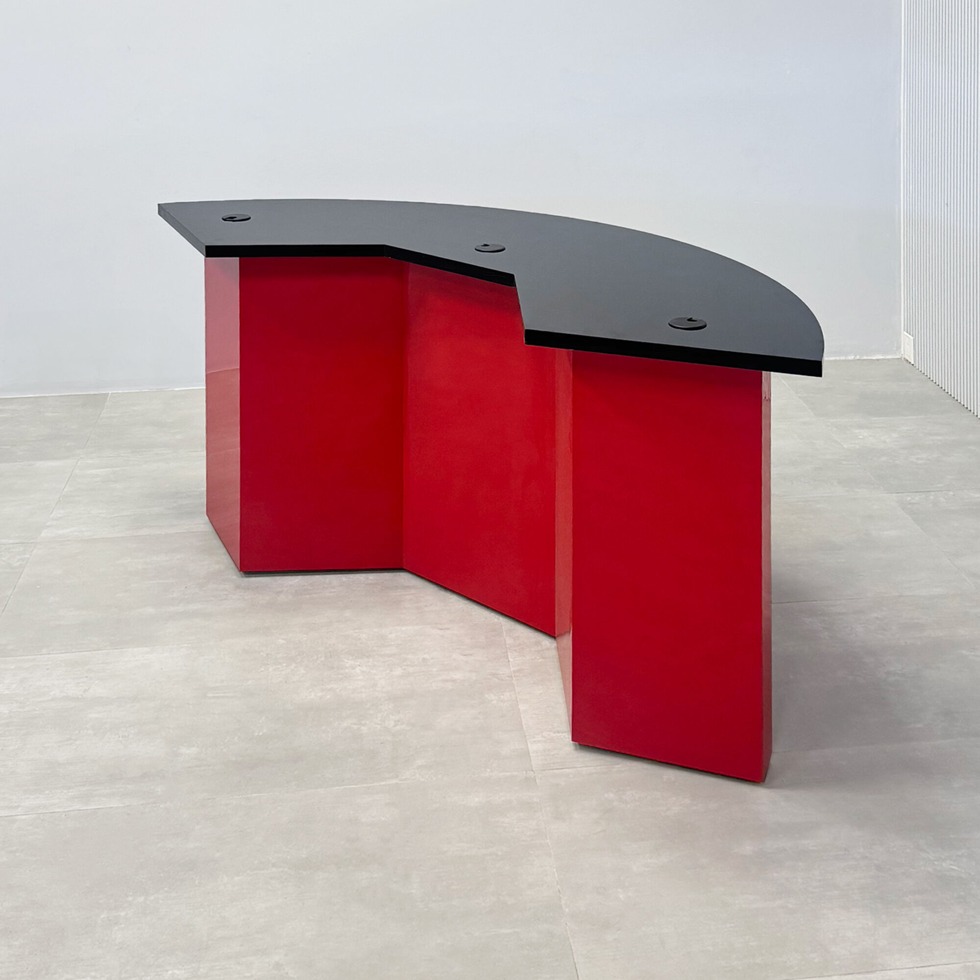 72-inch Tampa Bay Handmade Podcast Table with black gloss laminate top, classic red gloss laminate front base, and classic red gloss laminate back base. 