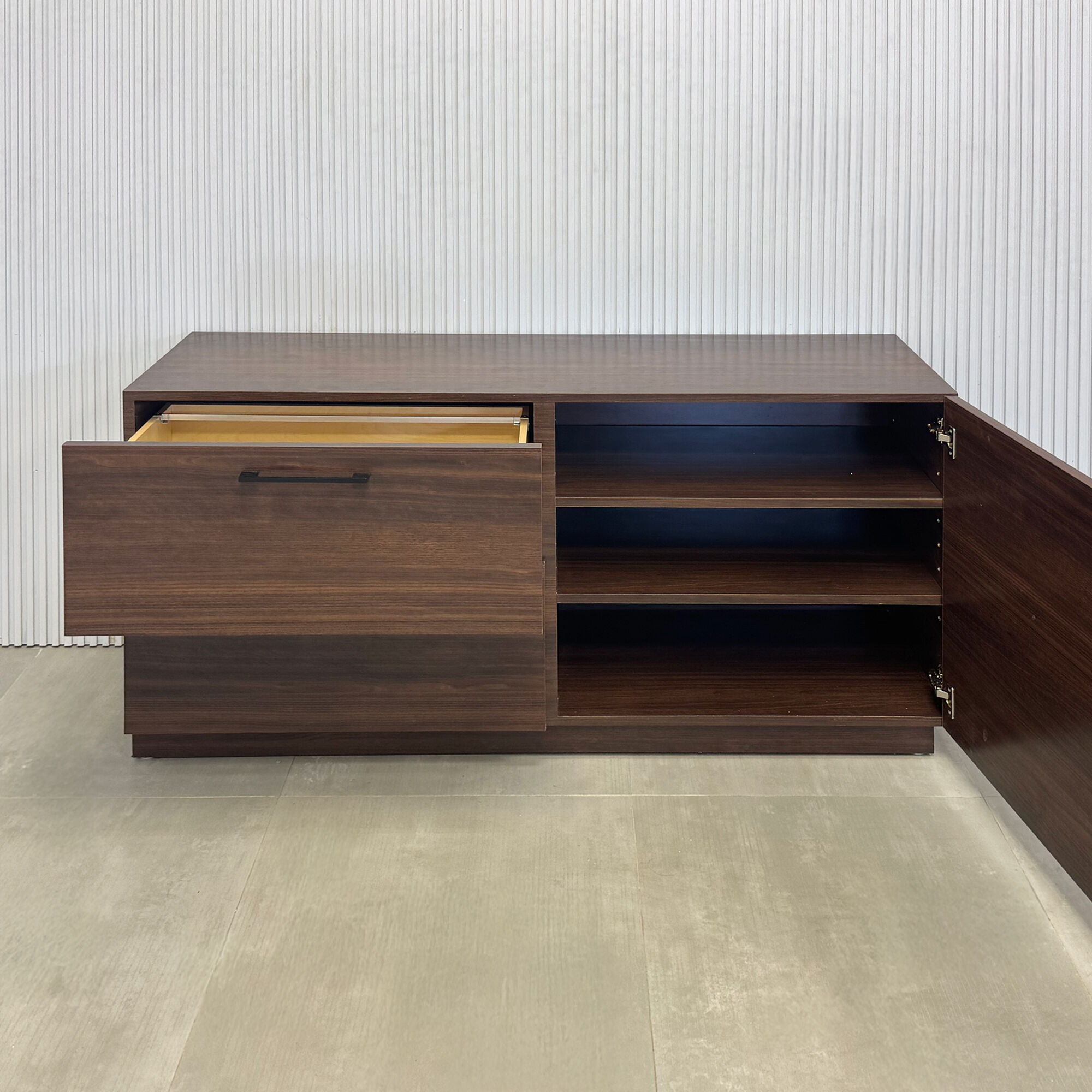 57 1/2" Storage Storage Credenza in colombian walnut matte laminate credenza, and colombian walnut matte laminate doors.