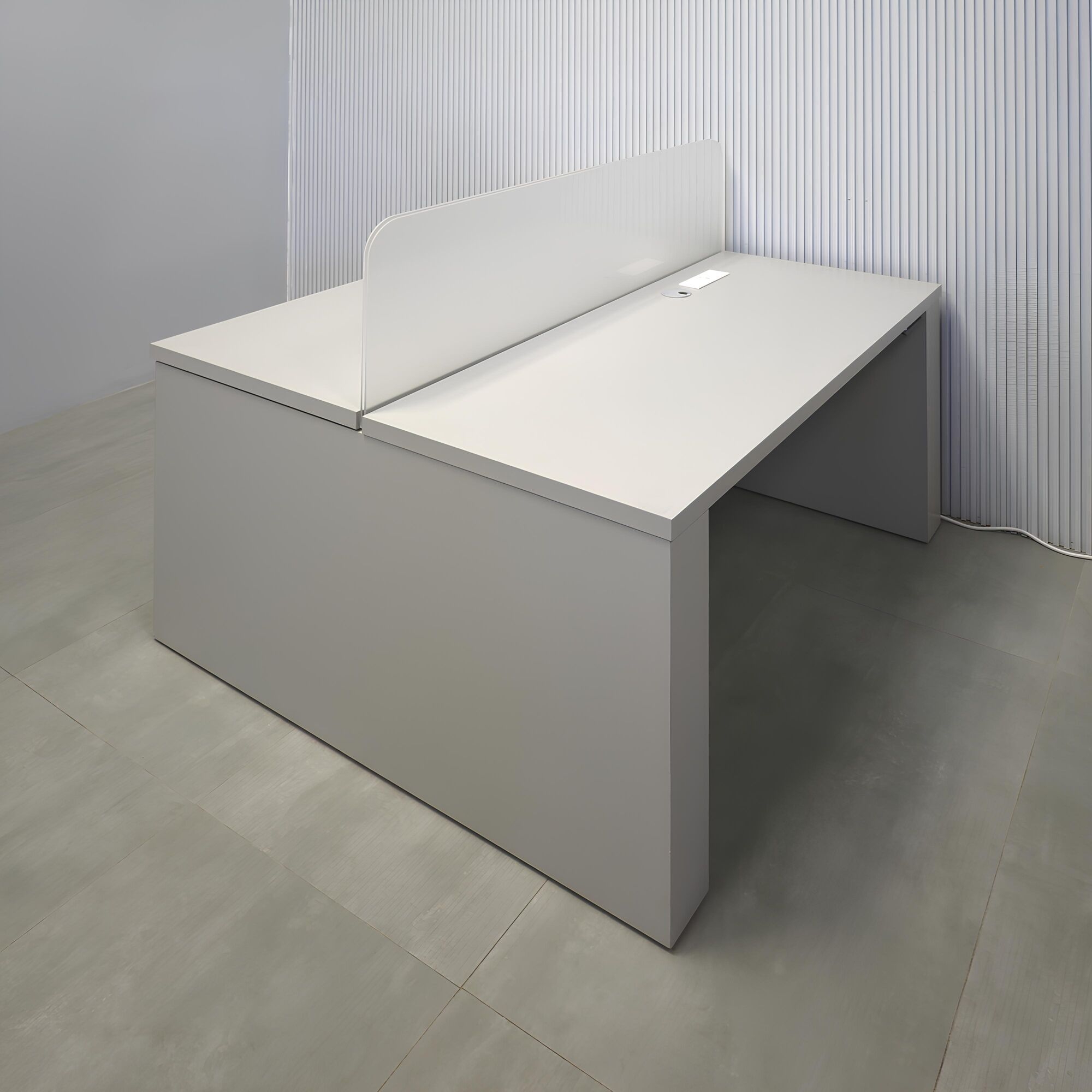 57 1/2- Inch Nashville Sit-Stand Custom Workstation with Folkstone Matte laminate top, Folkstone Matte laminate base, and Frosted Acrylic partition.