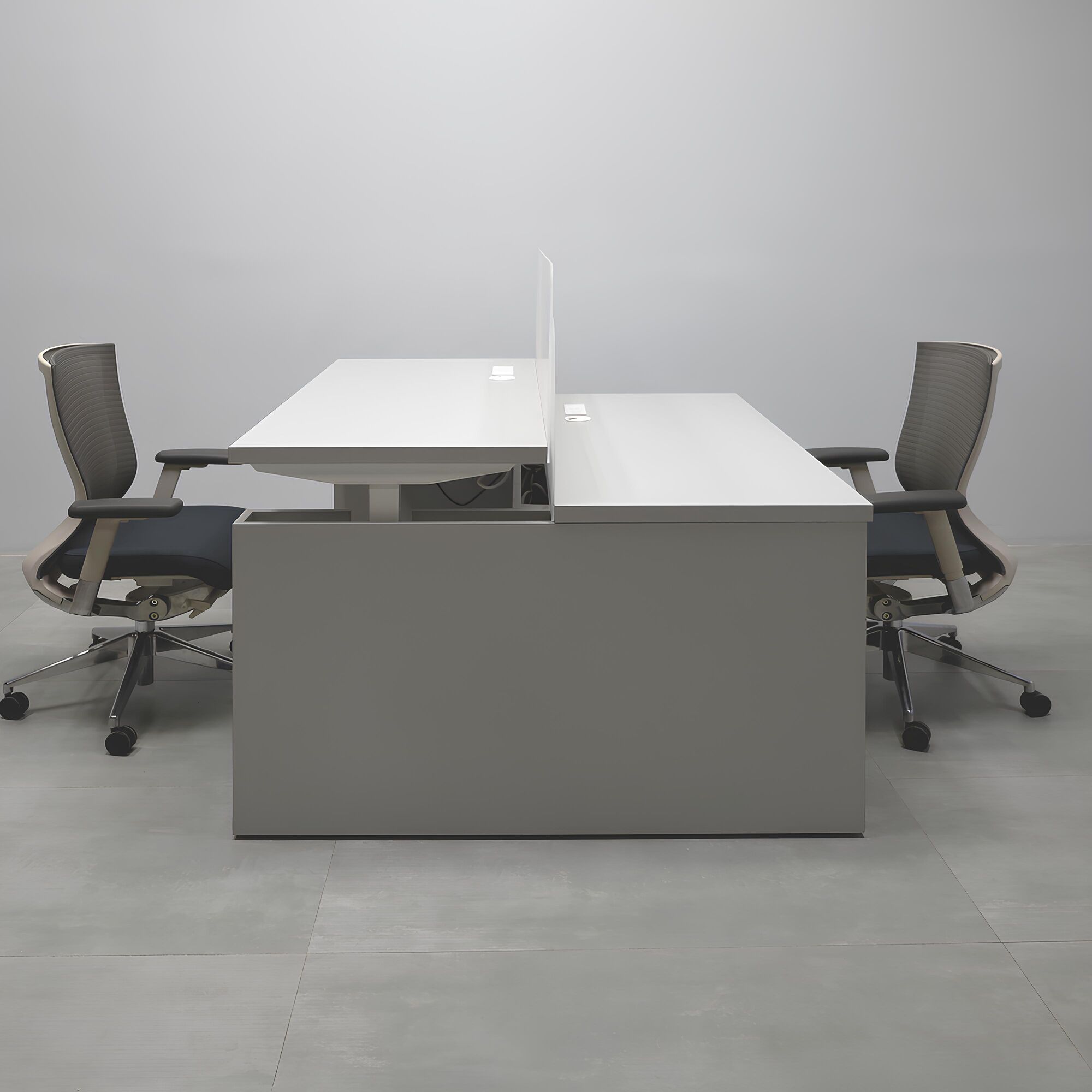 57 1/4" Nashville Sit-Stand Workstation with Folkstone Matte laminate top, Folkstone Matte laminate base, and 1/4" Frosted  Acrylic partition.