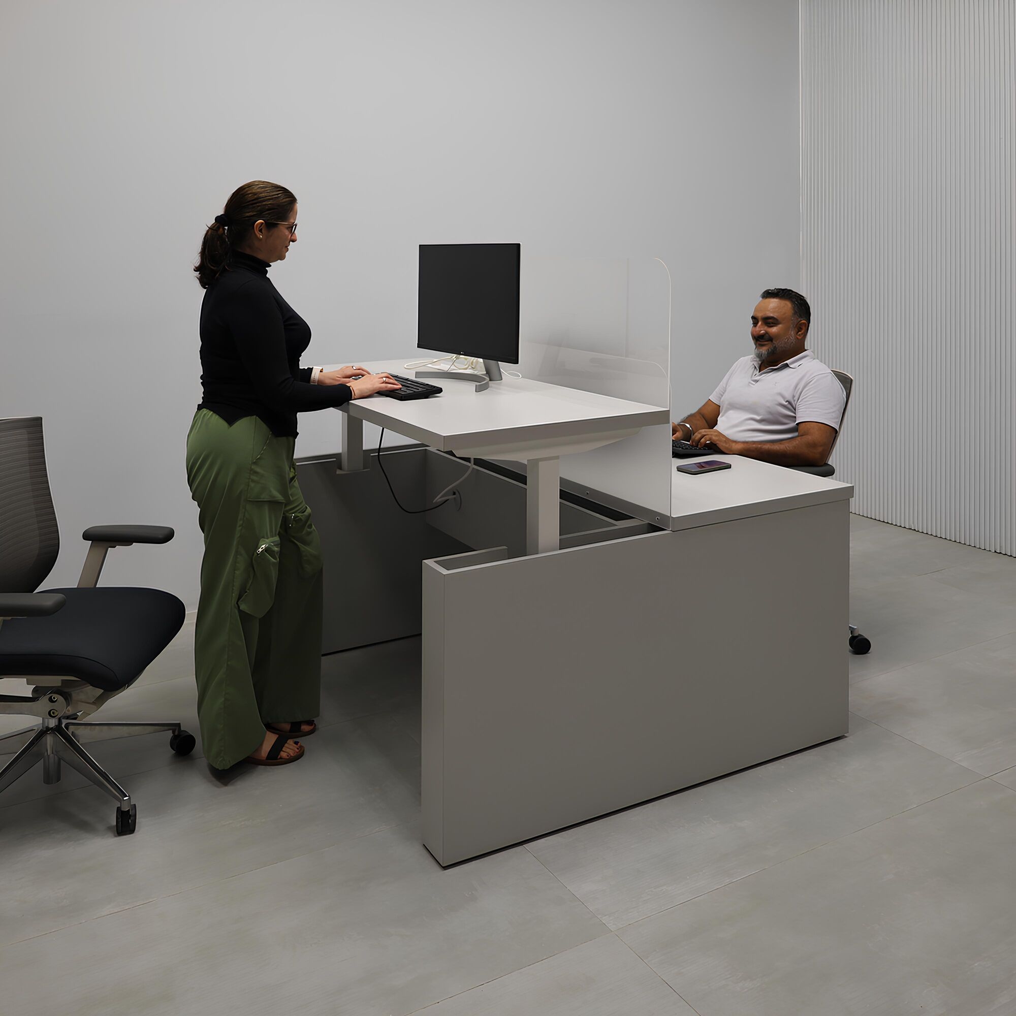 57 1/4" Nashville Sit-Stand Workstation with Folkstone Matte laminate top, Folkstone Matte laminate base, and 1/4" Frosted  Acrylic partition.