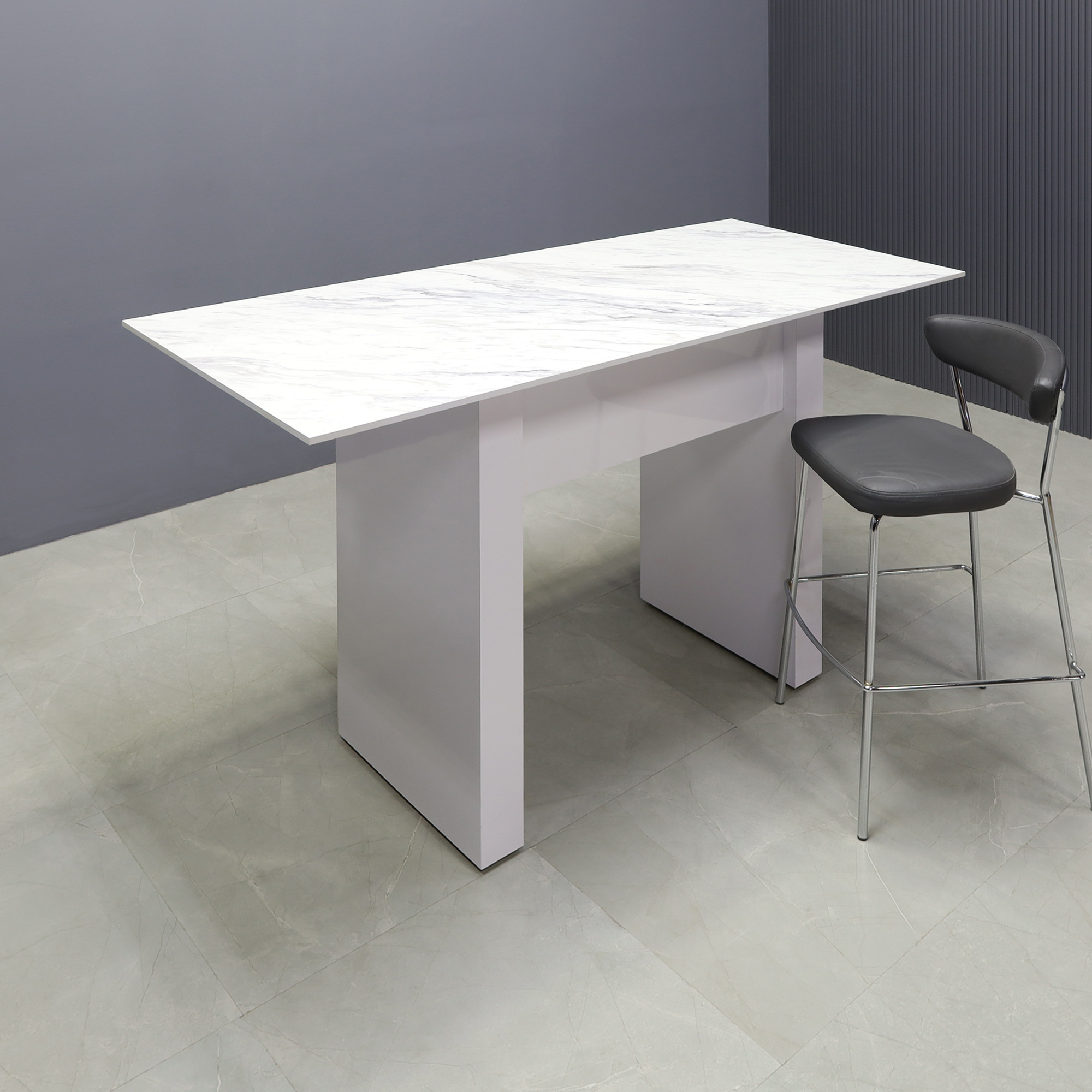 60-inch width x 42-inch height, Windsor Engineered Surface Top in 1/2" calcutta blanc engineered surface top and white gloss laminate base, shown here.