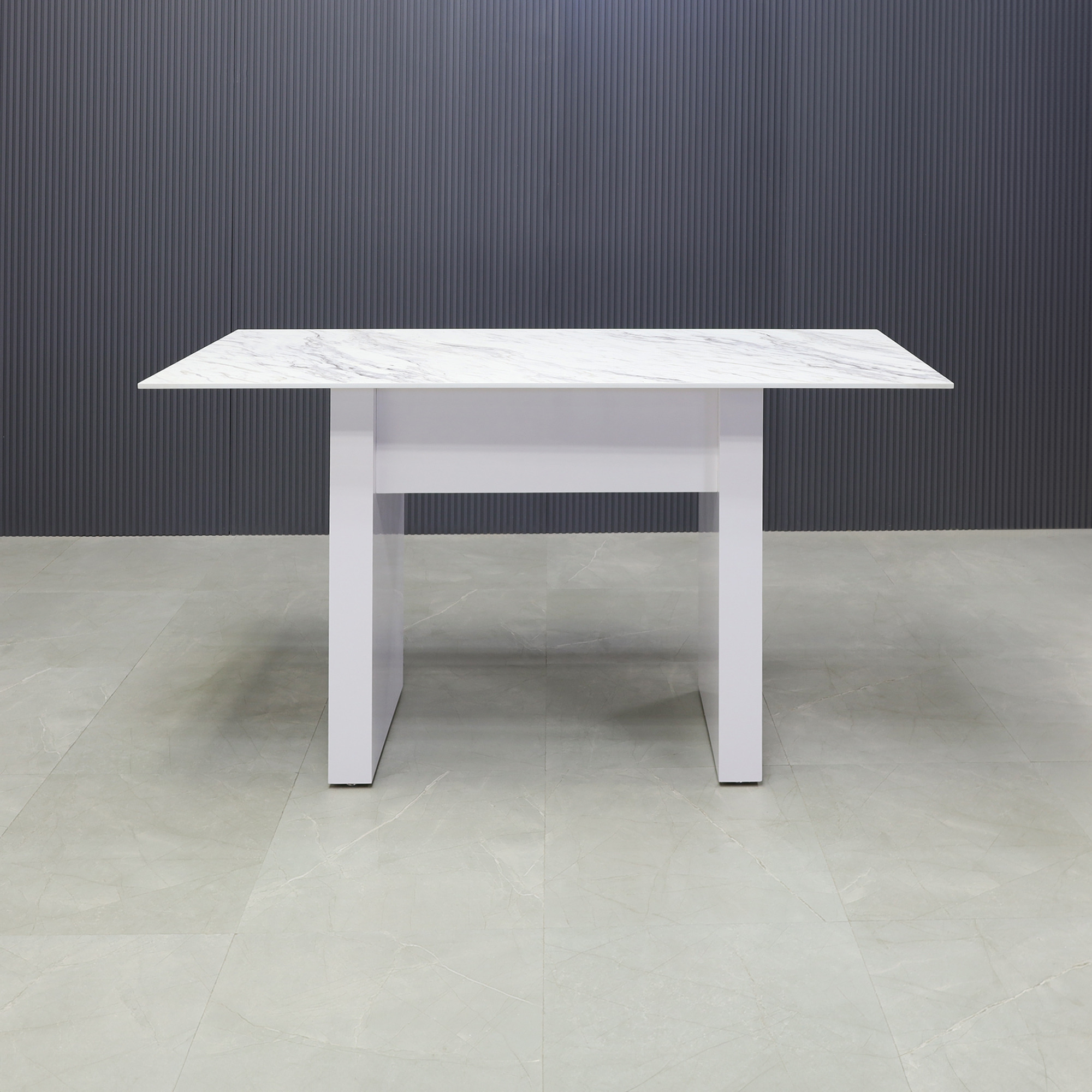 60-inch width x 42-inch height, Windsor Engineered Surface Top in 1/2" calcutta blanc engineered surface top and white gloss laminate base, shown here.