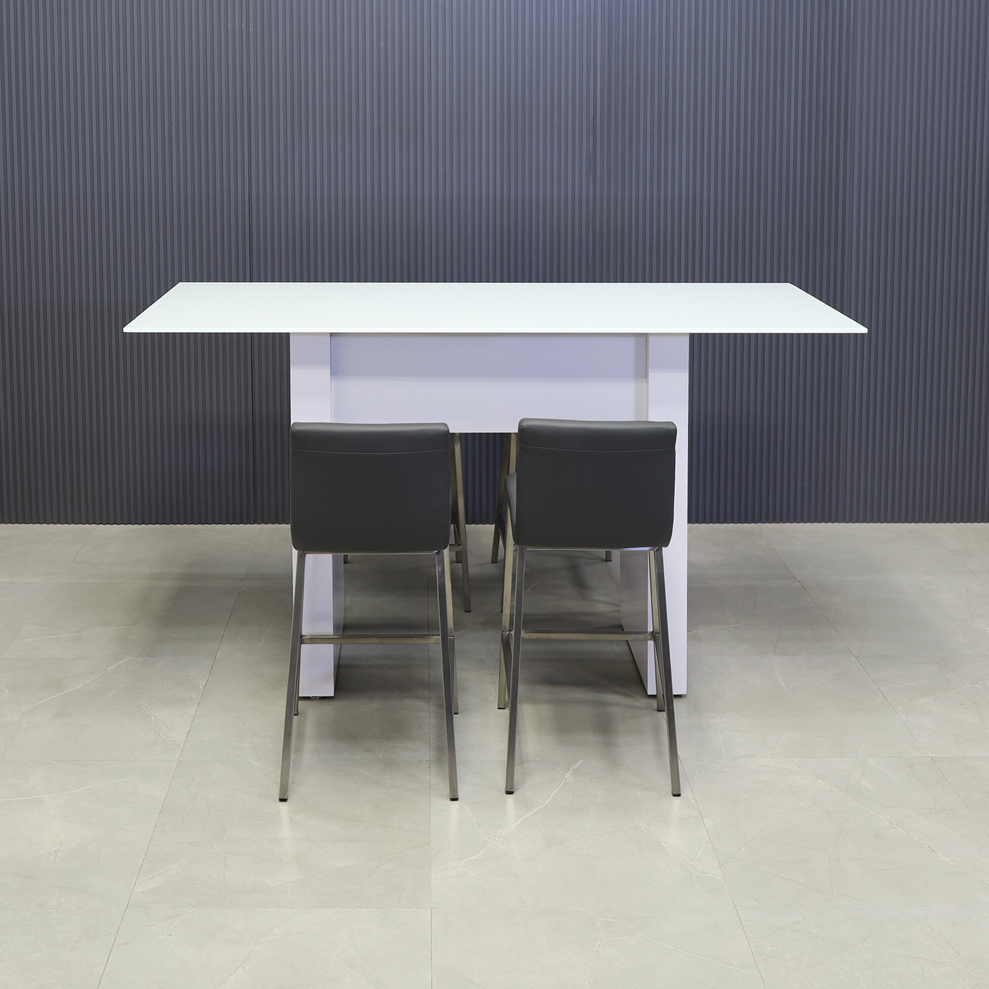 60-inch width x 42-height, Ashville Tempered Glass Collaboration Table in 1/2" white tempered glass top and white gloss laminate base, shown here.