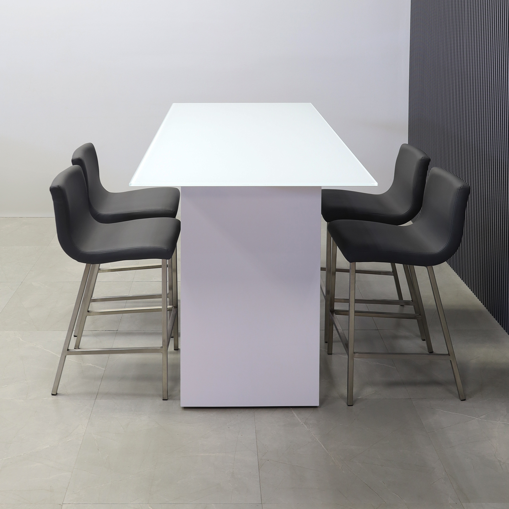 60-inch width x 42-height, Ashville Tempered Glass Collaboration Table in 1/2" white tempered glass top and white gloss laminate base, shown here.
