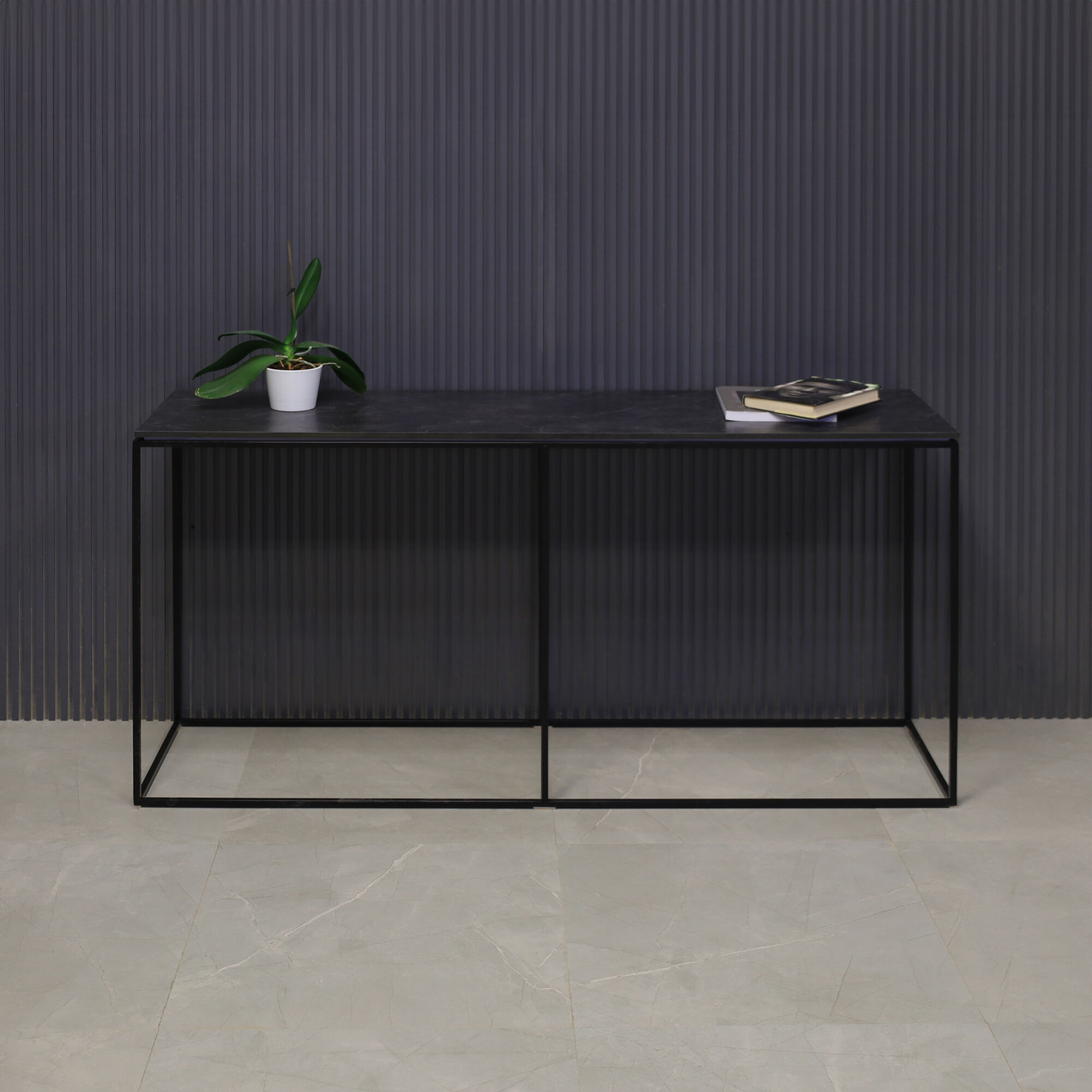 60-inch Aspen Console Table in 1/2" black amani engineered surface top and black metal frame, shown here.