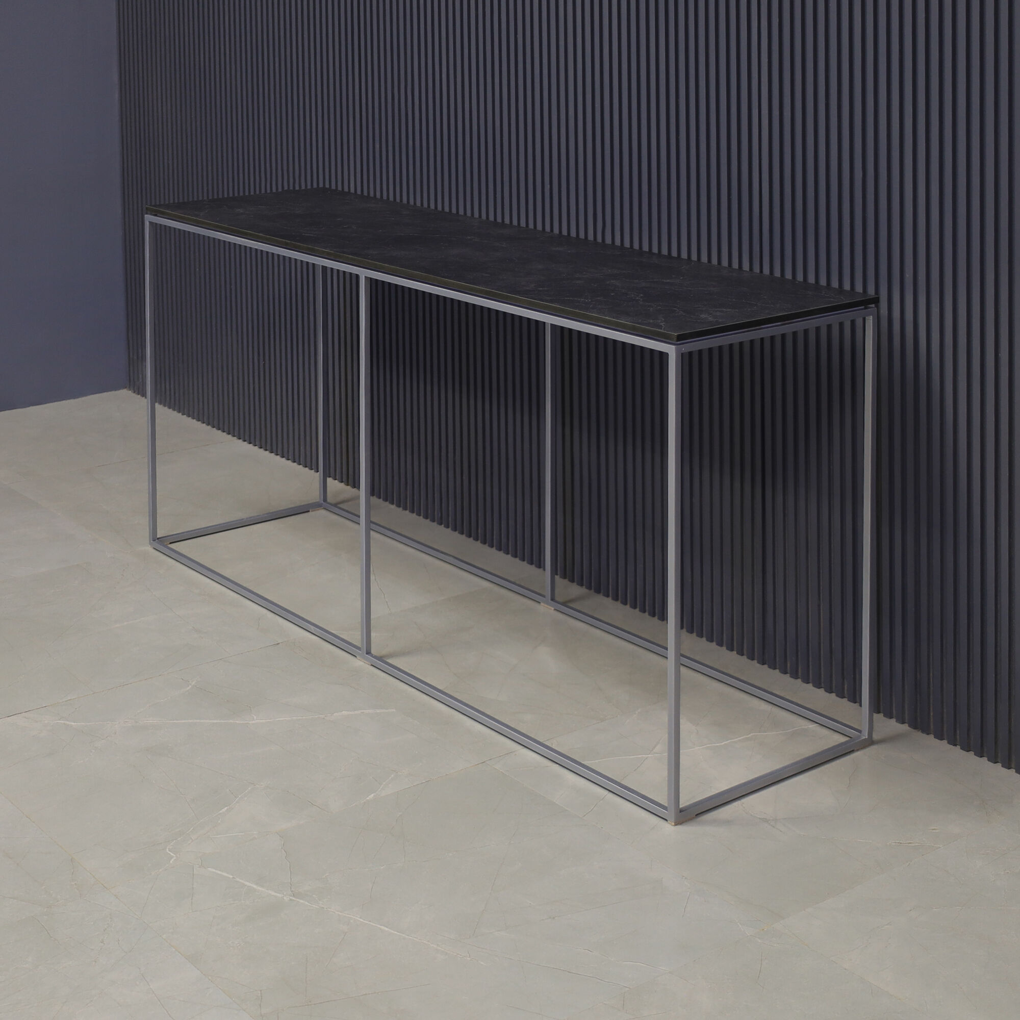 60-inch Aspen Console Table in 1/2" black amani engineered surface top and silver metal frame, shown here.