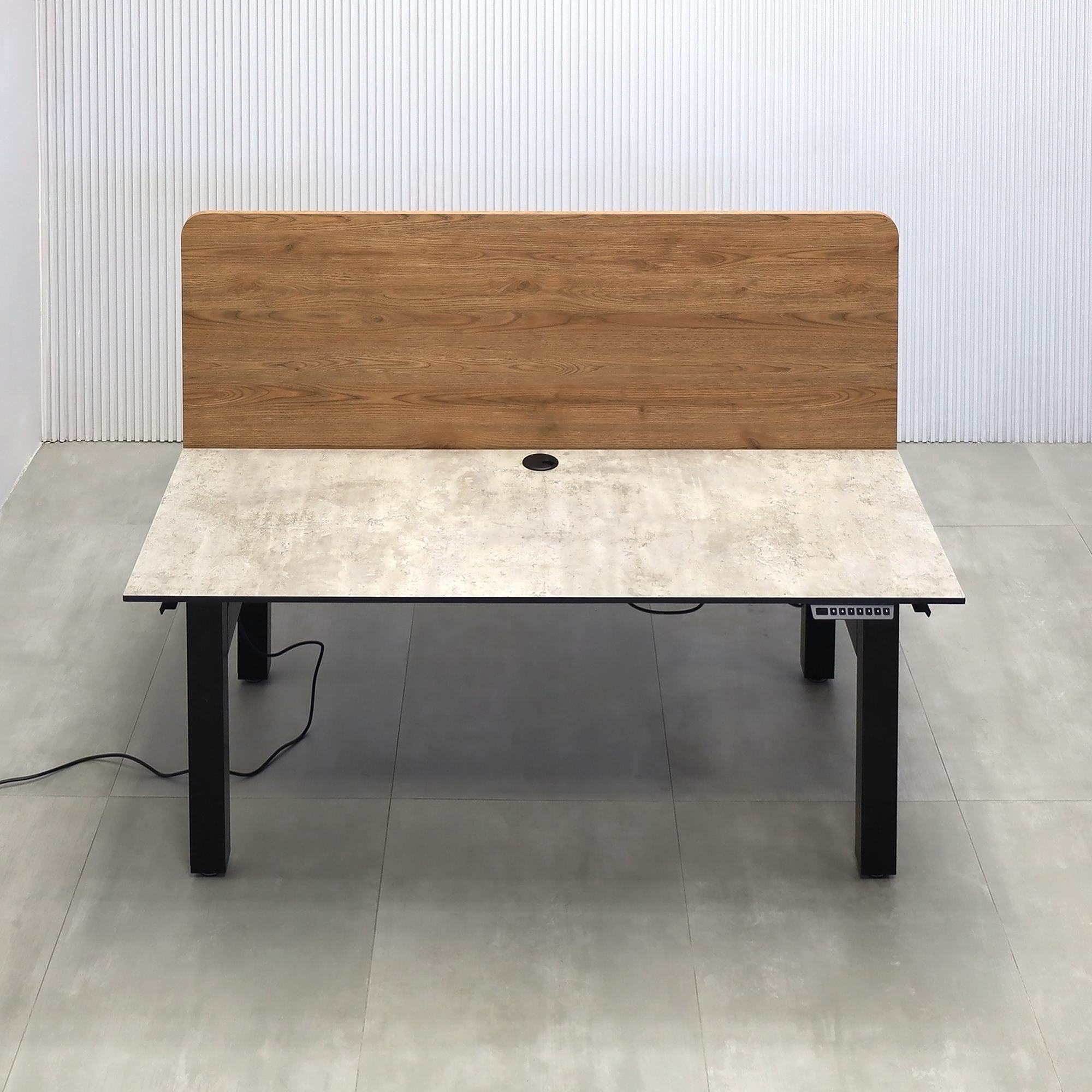 60-inch Knoxville Workstation with Industrial Concrete engineered surface top, Special Chestnut laminate privacy panel, and Black Powder-Coated frame.