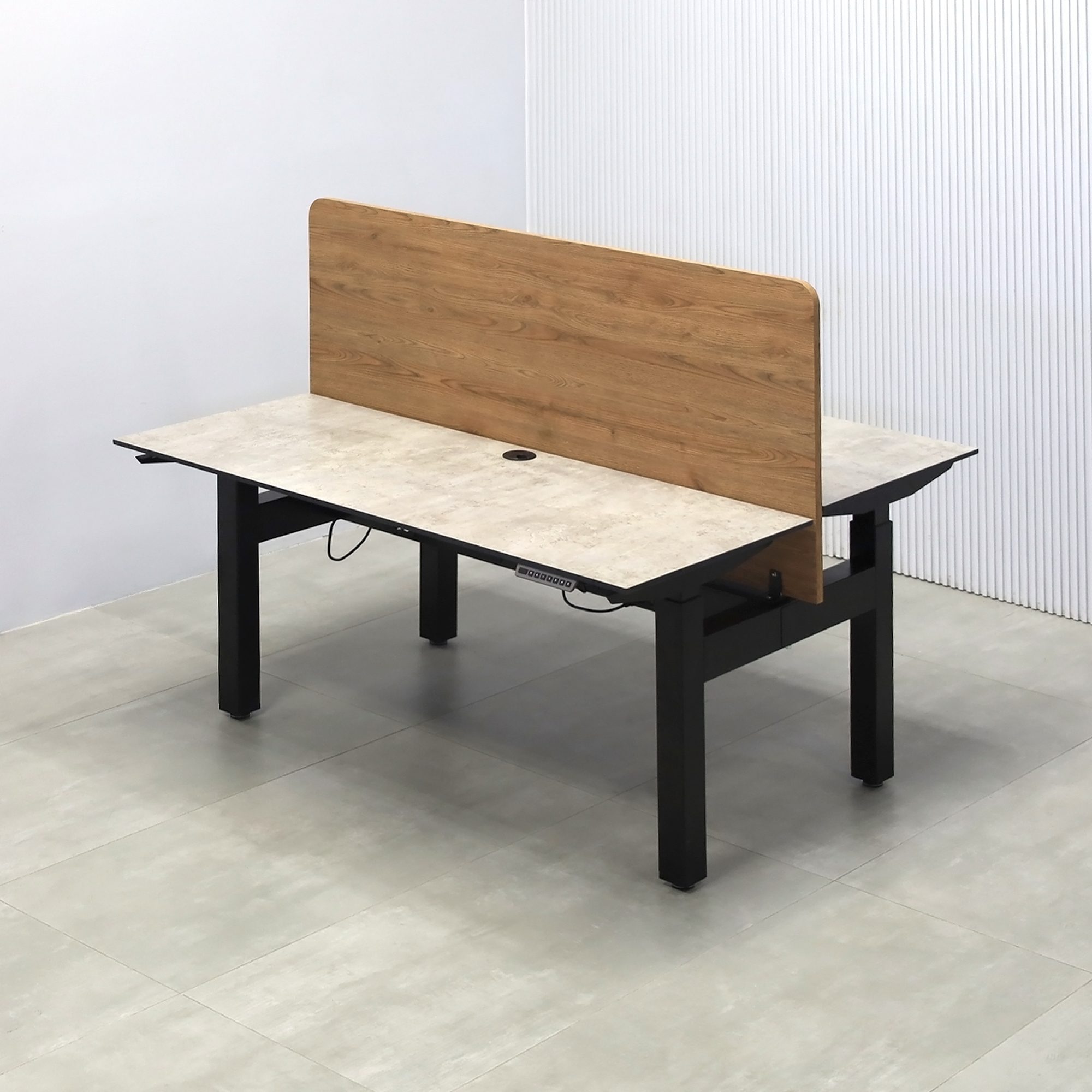 60-inch Knoxville Workstation with Industrial Concrete engineered surface top, Special Chestnut laminate privacy panel, and Black Powder-Coated frame.