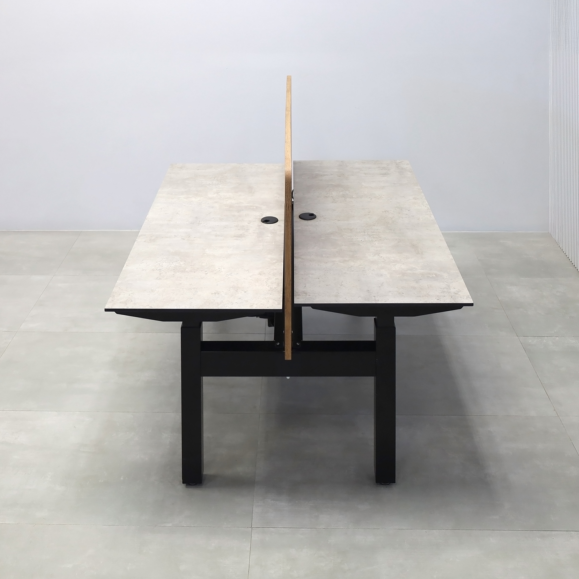 60-inch Knoxville Workstation with Industrial Concrete engineered surface top, Special Chestnut laminate privacy panel, and Black Powder-Coated frame.