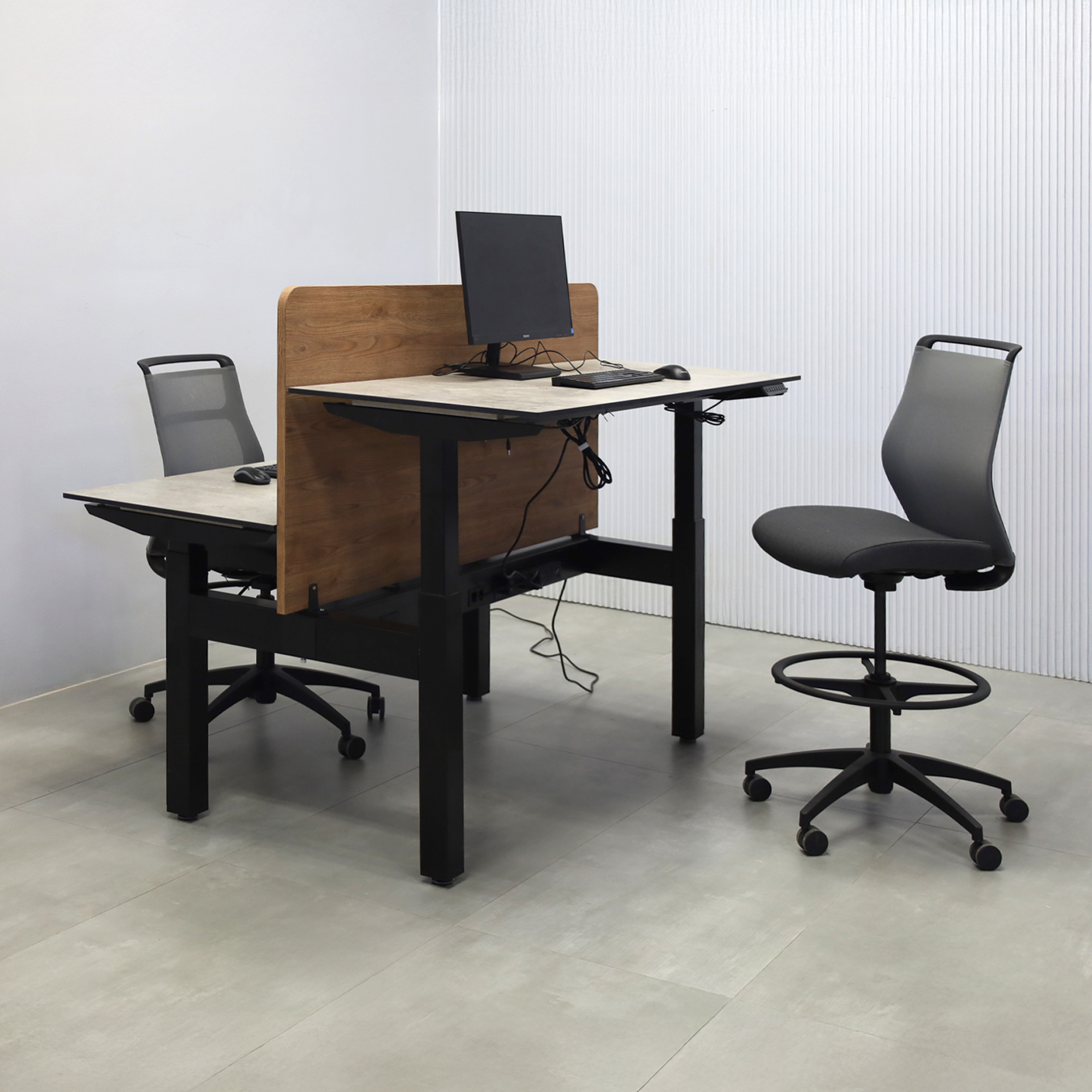 60-inch Knoxville Workstation with Industrial Concrete engineered surface top, Special Chestnut laminate privacy panel, and Black Powder-Coated frame.