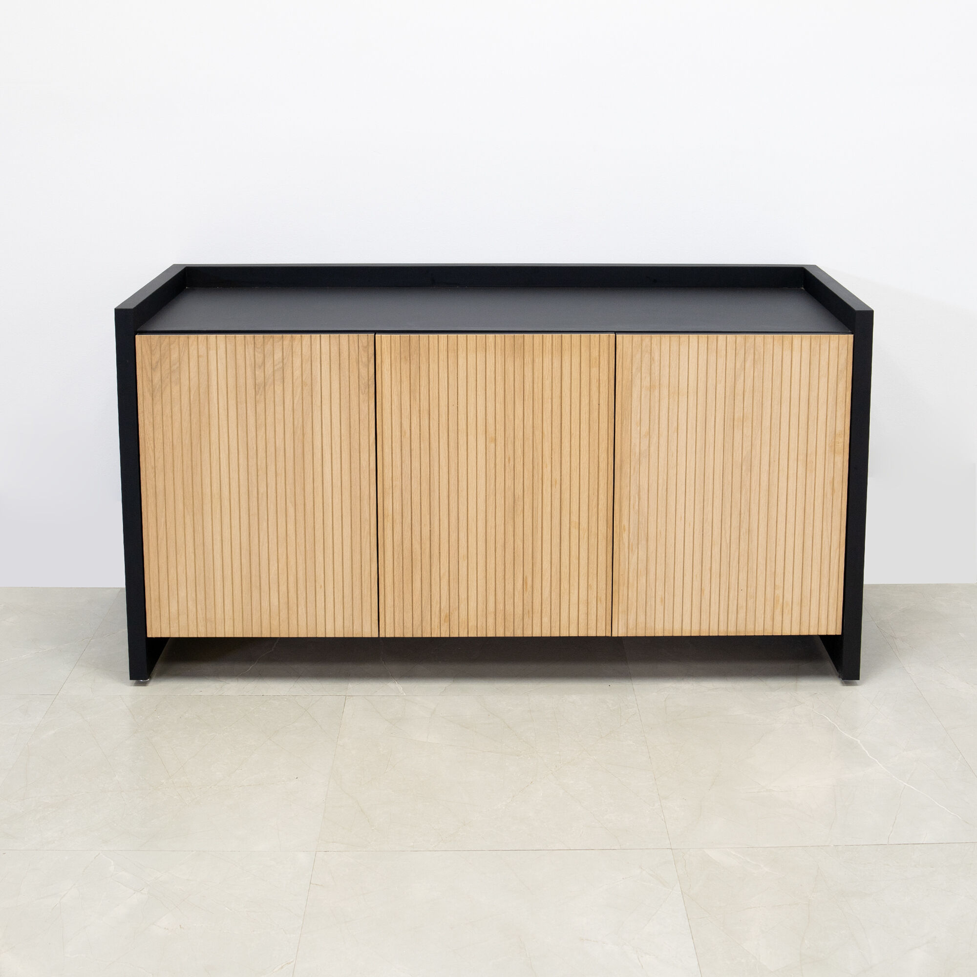 60-inch Aspen Storage Credenza in black traceless laminate credenza, and white oak tambour doors.