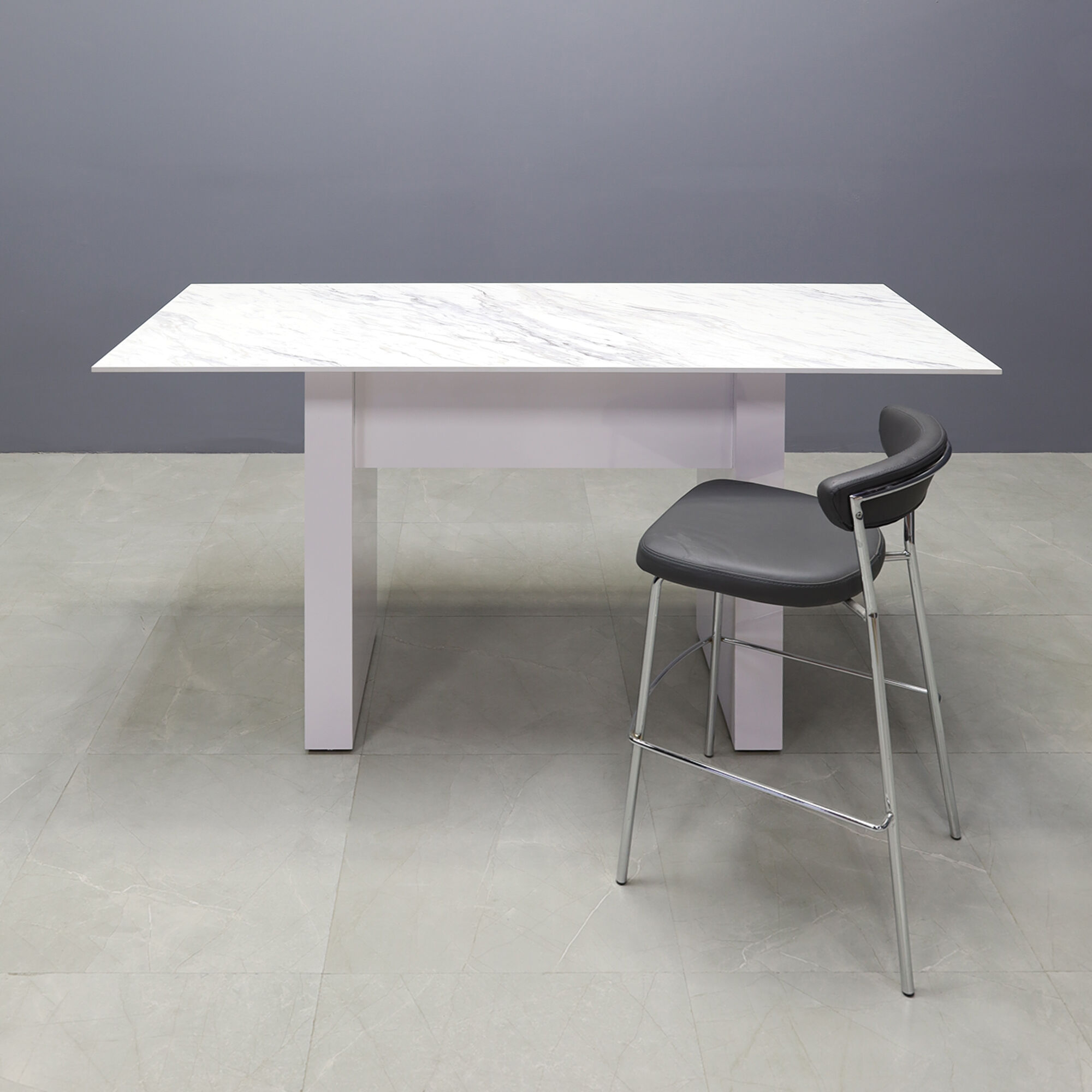 60-inch Windsor Engineered Surface Bar Table in 1/2" calcutta blanc engineered surface top and white matte laminate base, shown here.
