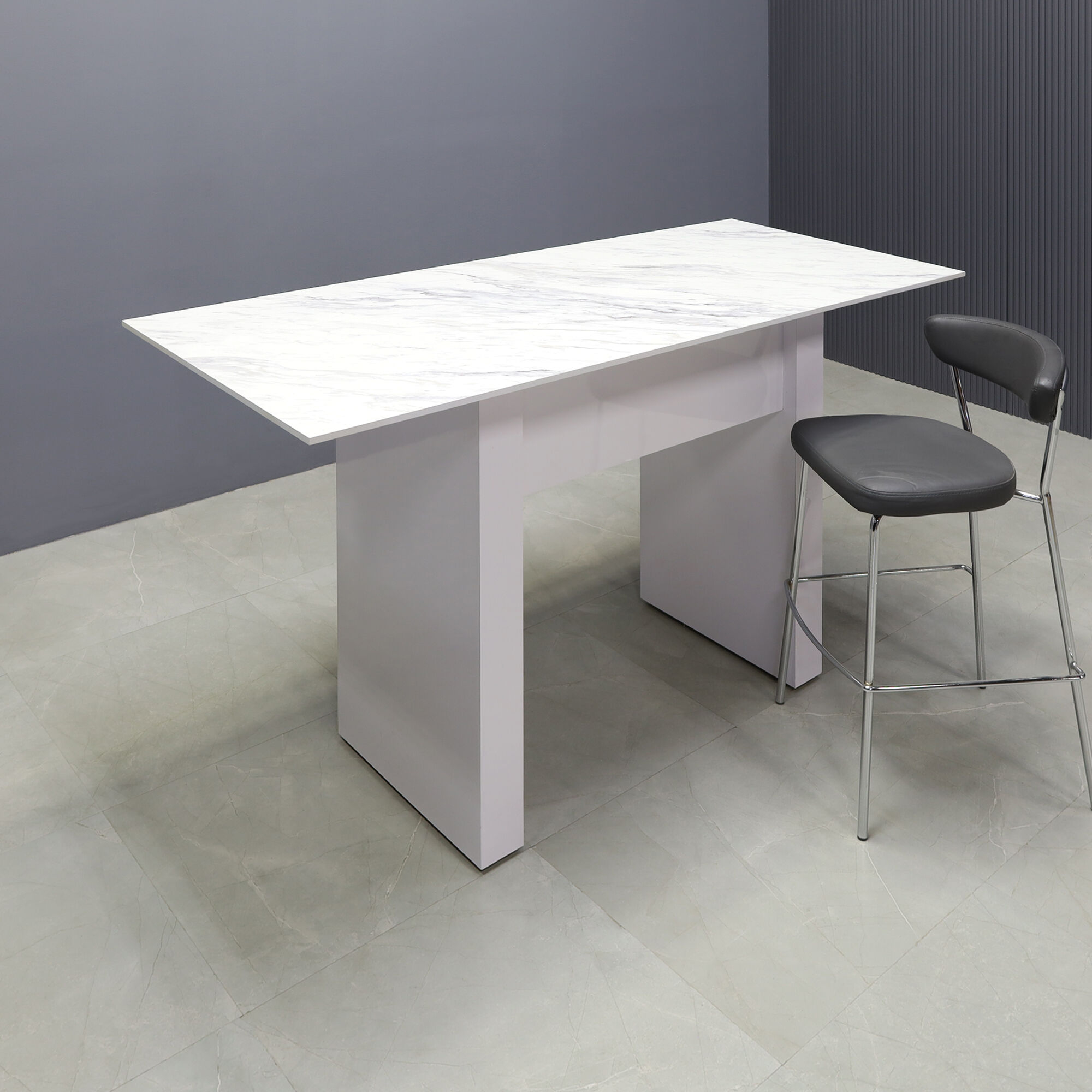 60-inch Windsor Engineered Surface Bar Table in 1/2" calcutta blanc engineered surface top and white matte laminate base, shown here.